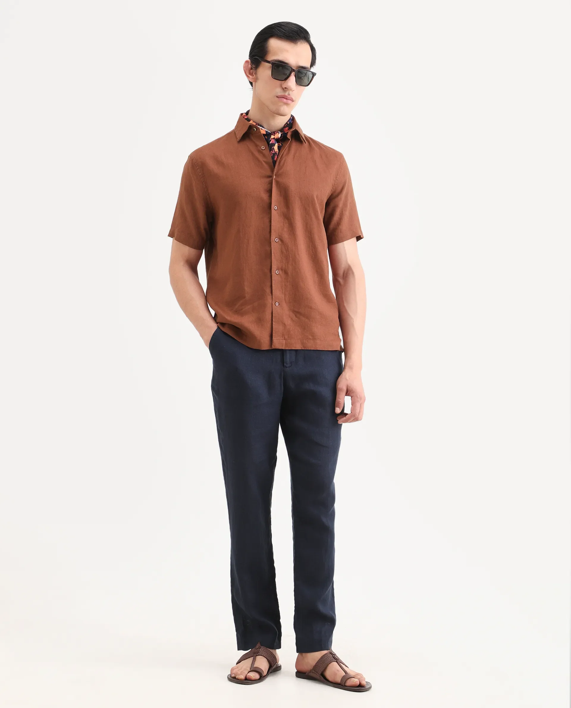 Rare Rabbit Men's Linex Ss Rust Linen Blend Fabric Half Sleeve Spread Collar Regular Plain Shirt - Image 3