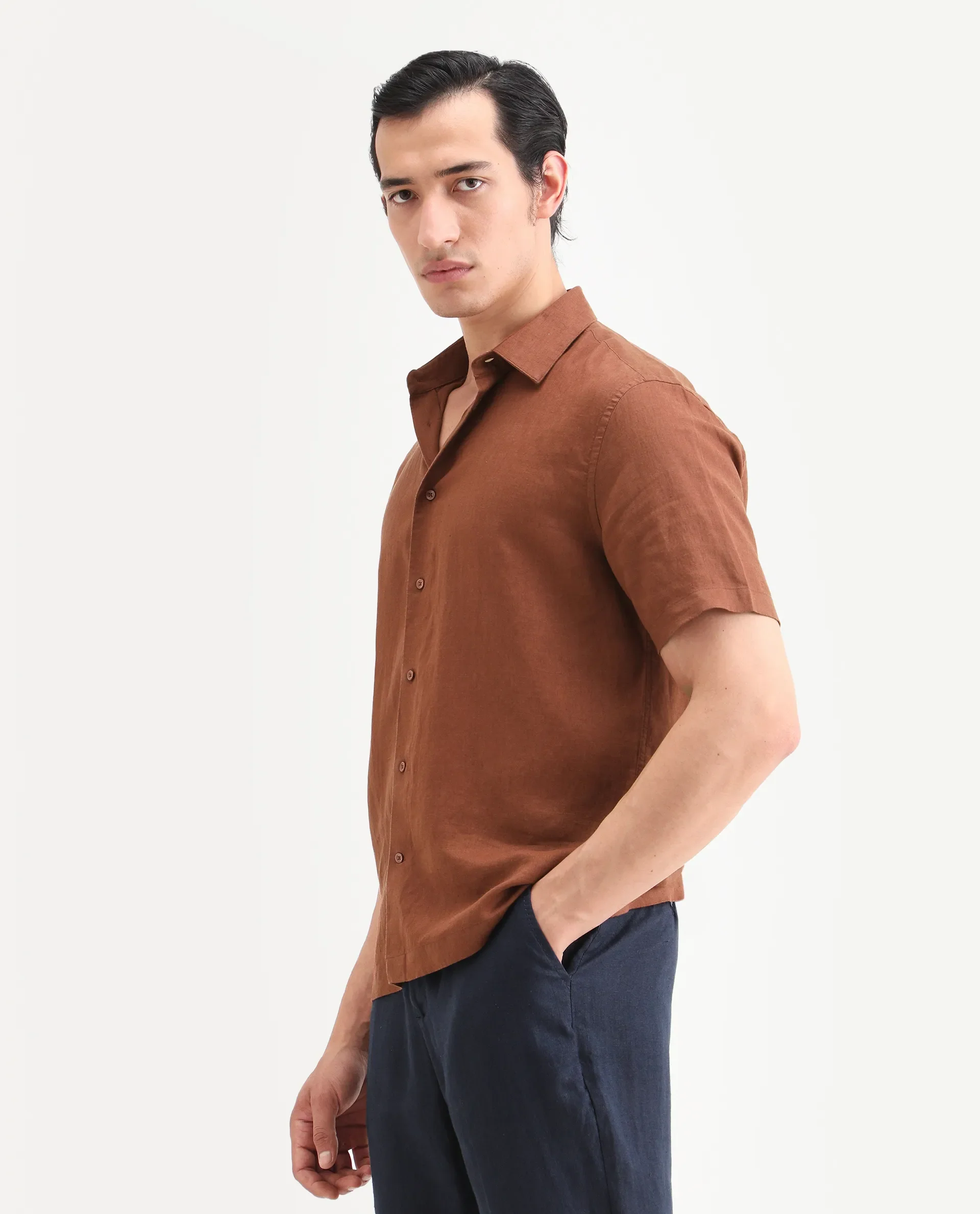 Rare Rabbit Men's Linex Ss Rust Linen Blend Fabric Half Sleeve Spread Collar Regular Plain Shirt - Image 4