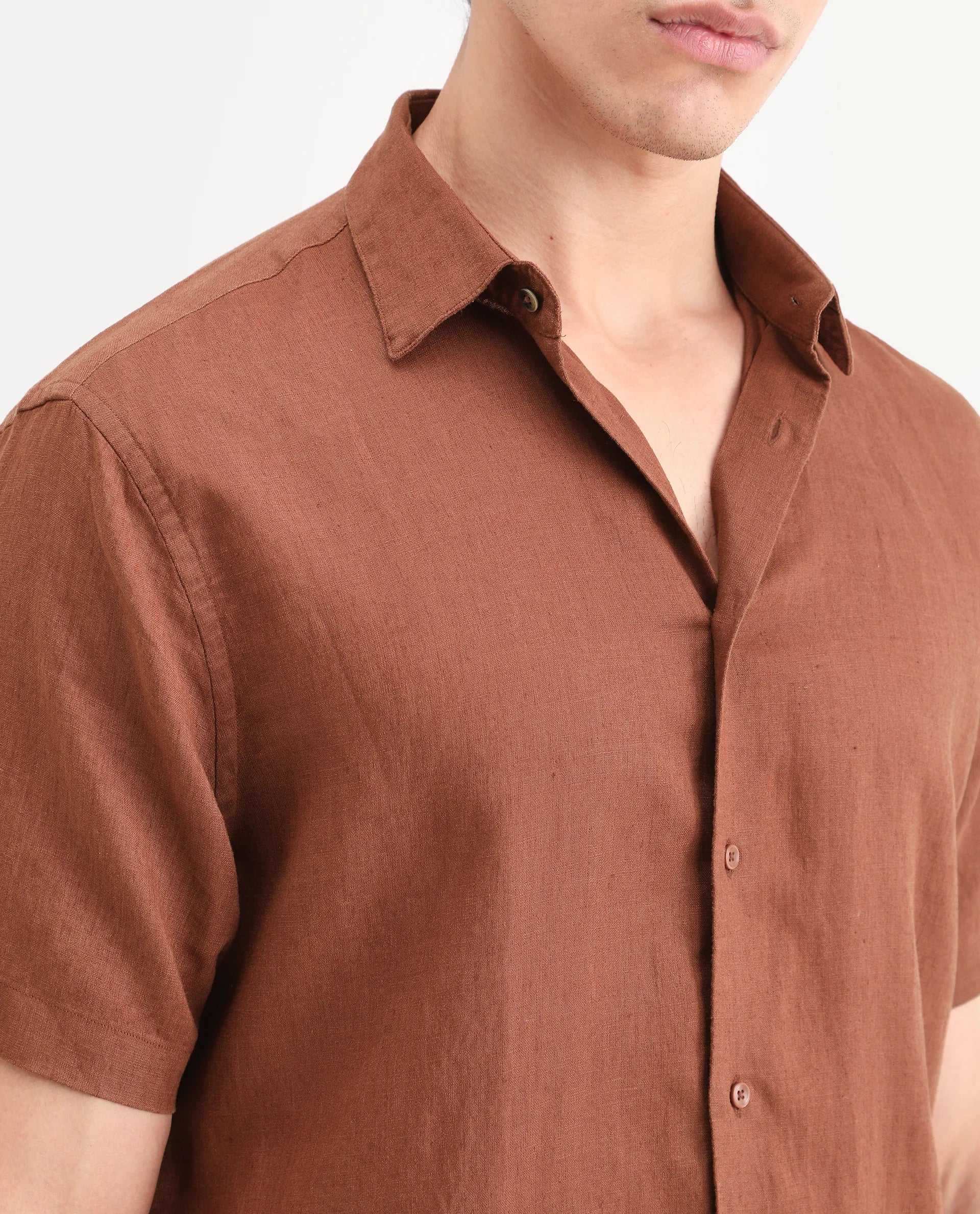 Rare Rabbit Men's Linex Ss Rust Linen Blend Fabric Half Sleeve Spread Collar Regular Plain Shirt - Image 5