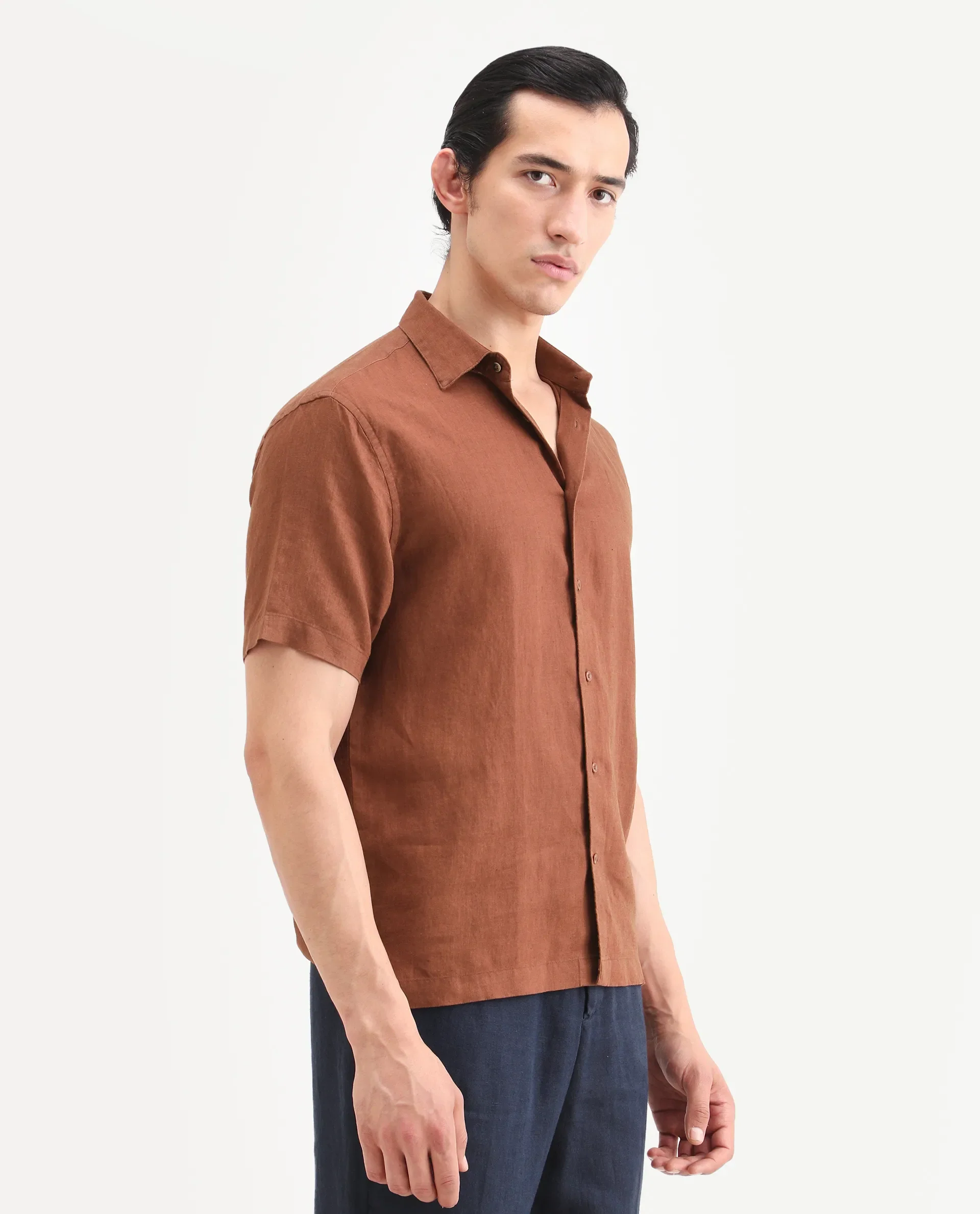 Rare Rabbit Men's Linex Ss Rust Linen Blend Fabric Half Sleeve Spread Collar Regular Plain Shirt - Image 6