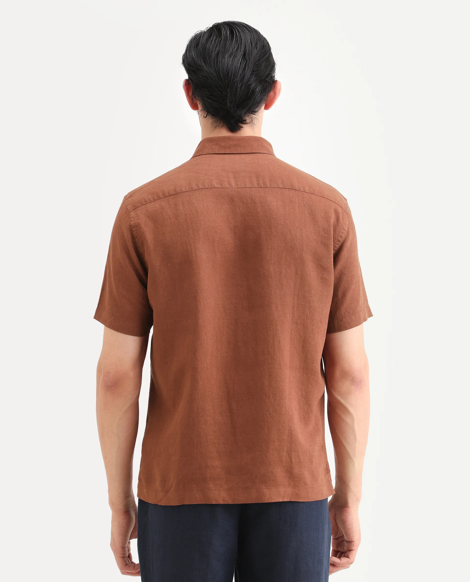 Rare Rabbit Men's Linex Ss Rust Linen Blend Fabric Half Sleeve Spread Collar Regular Plain Shirt - Image 7