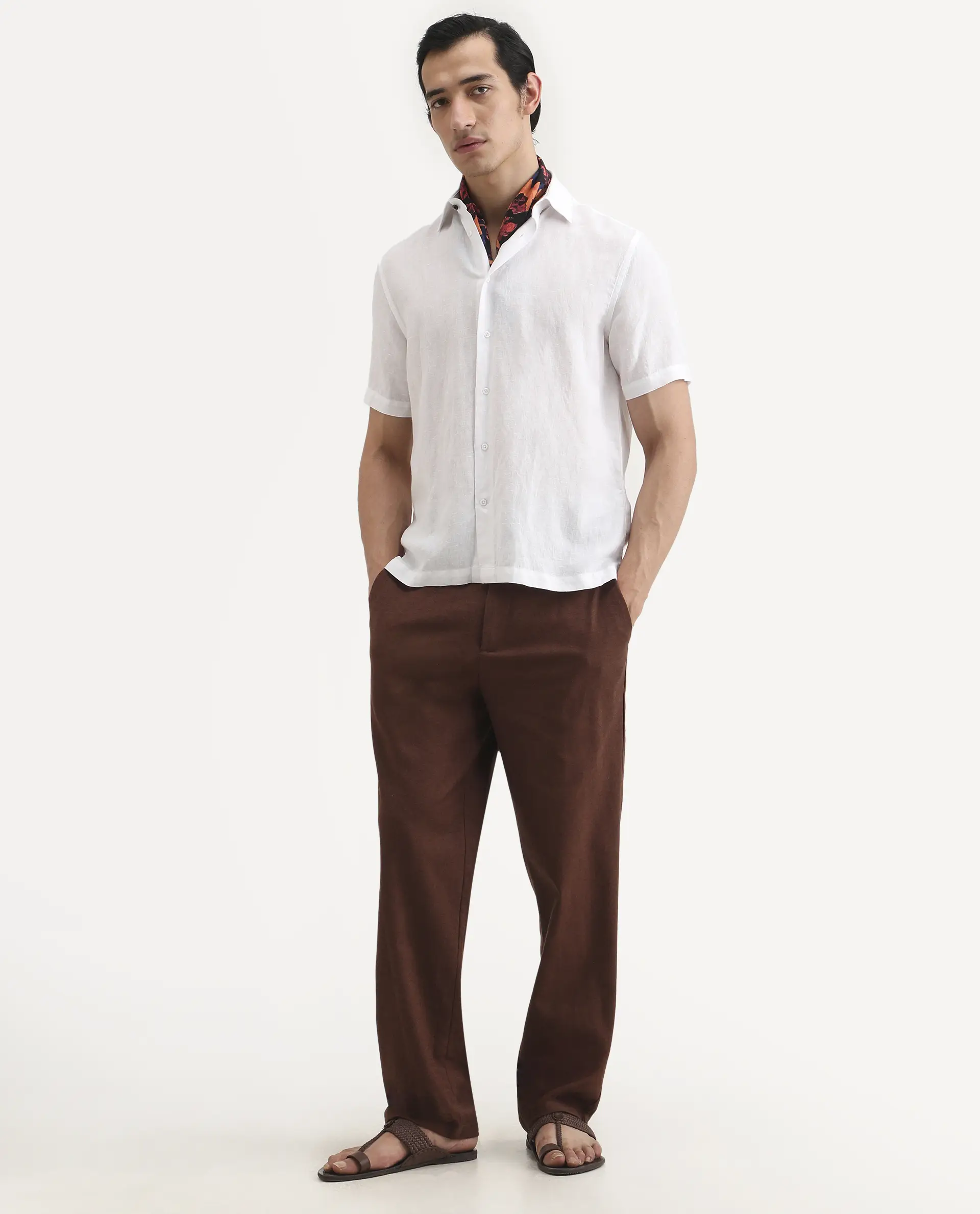 Rare Rabbit Men's Linex Ss White Linen Blend Fabric Half Sleeve Spread Collar Regular Fit Plain Shirt - Image 2