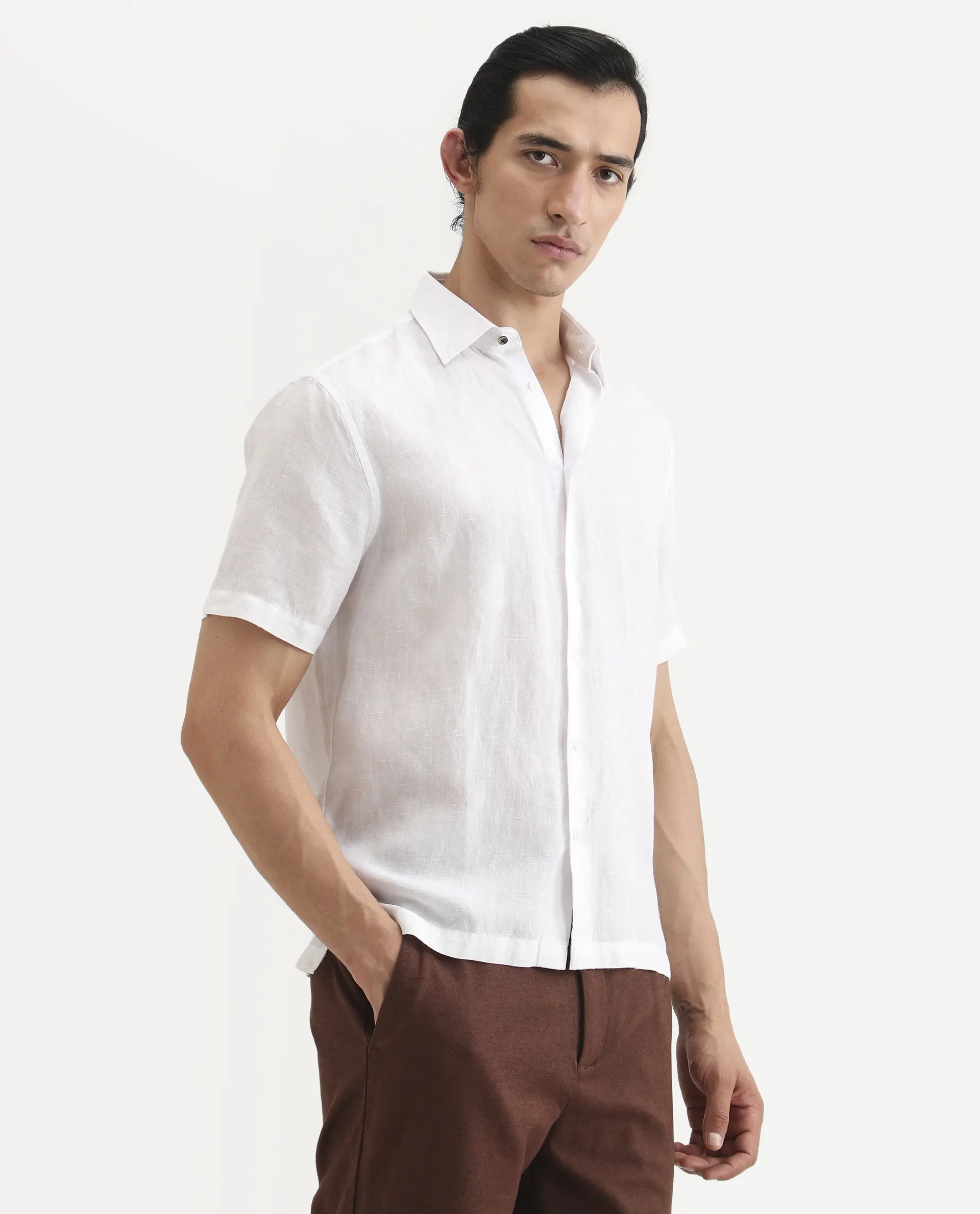 Rare Rabbit Men's Linex Ss White Linen Blend Fabric Half Sleeve Spread Collar Regular Fit Plain Shirt - Image 6