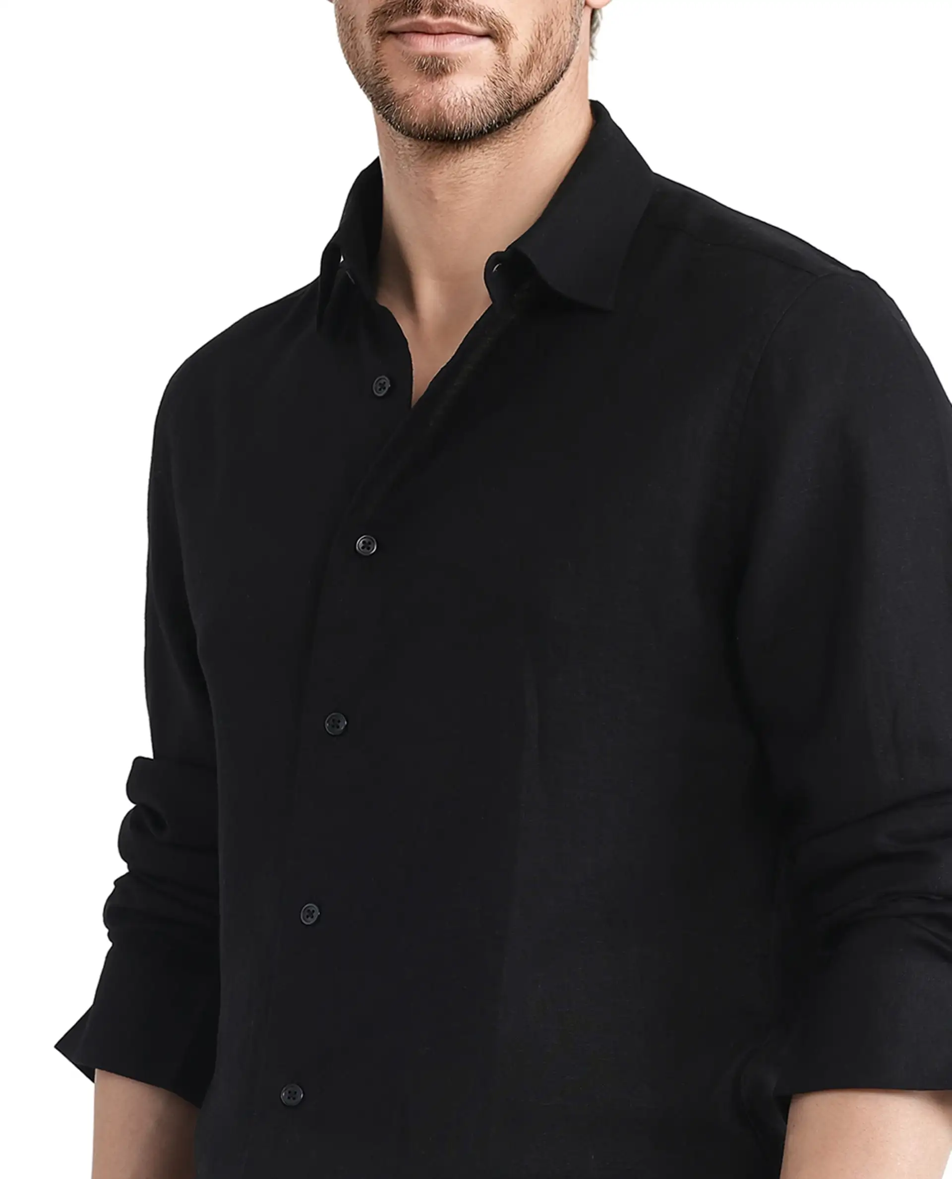 Rare Rabbit Men's Linex Ls-25 Black Linen Blend Plain Regular Fit Full Sleeve Collared Shirt - Image 2