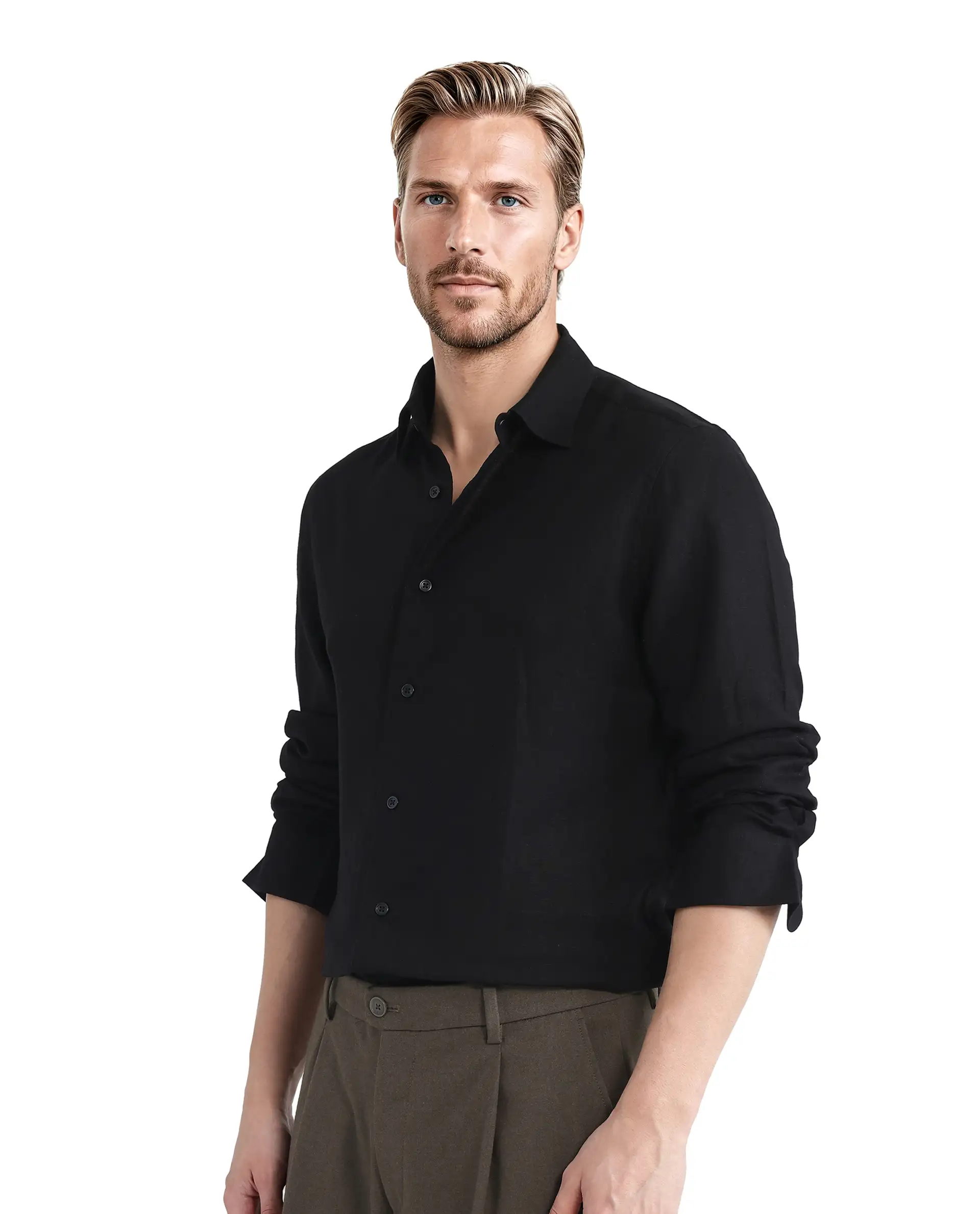 Rare Rabbit Men's Linex Ls-25 Black Linen Blend Plain Regular Fit Full Sleeve Collared Shirt - Image 3