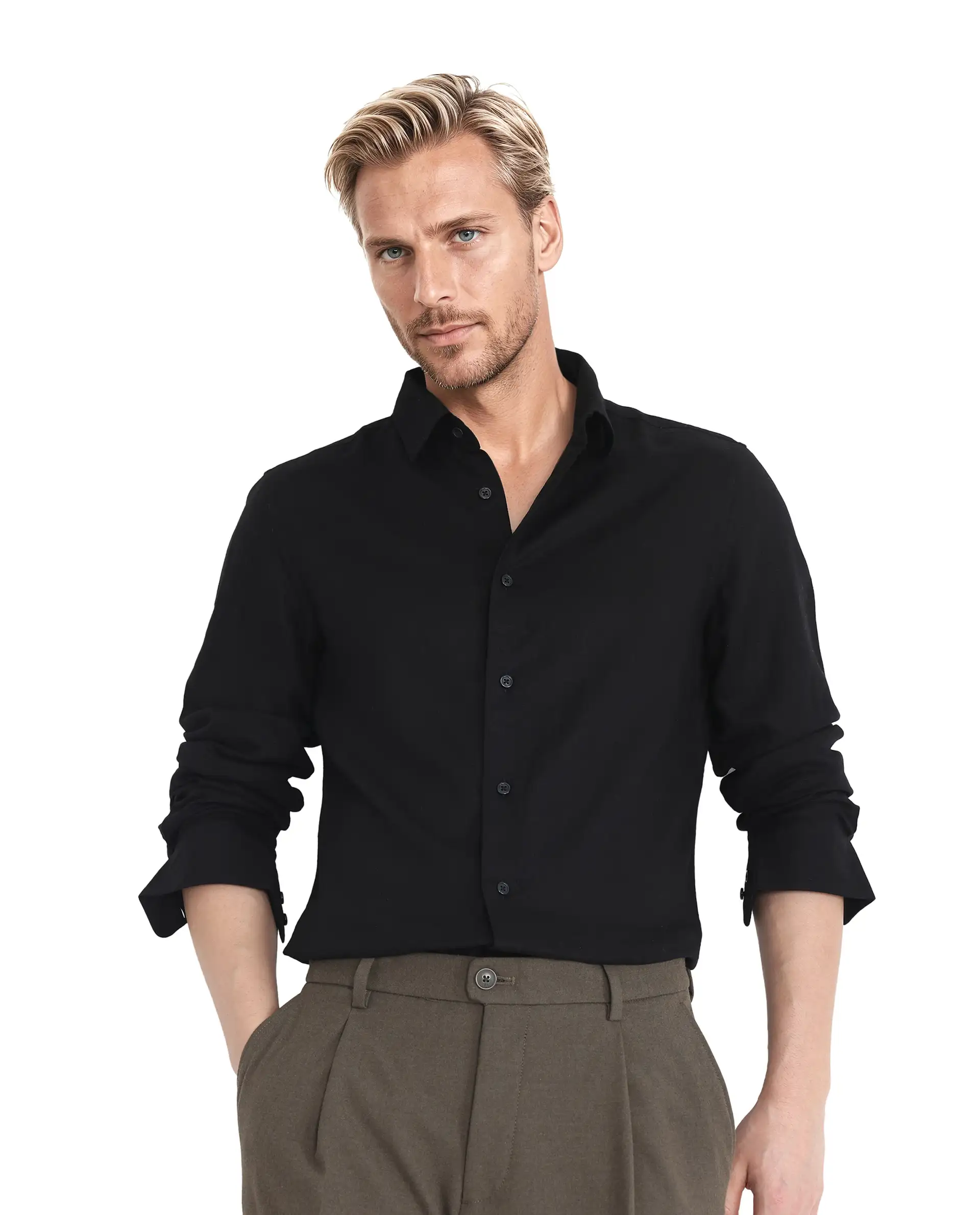 Rare Rabbit Men's Linex Ls-25 Black Linen Blend Plain Regular Fit Full Sleeve Collared Shirt - Image 6
