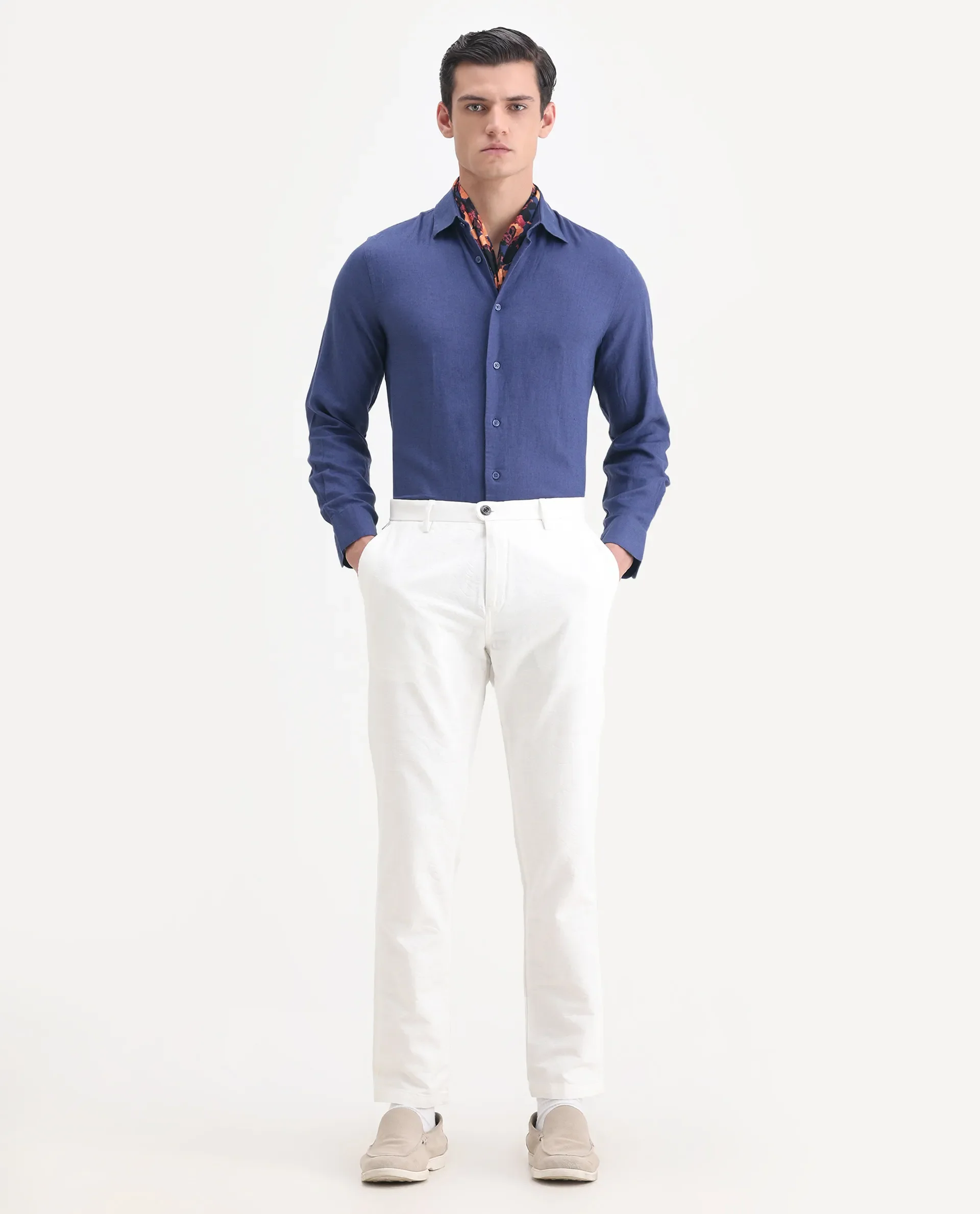 Rare Rabbit Men's Linex Ls-25 Blue Linen Blend Plain Regular Fit Full Sleeve Collared Shirt - Image 2