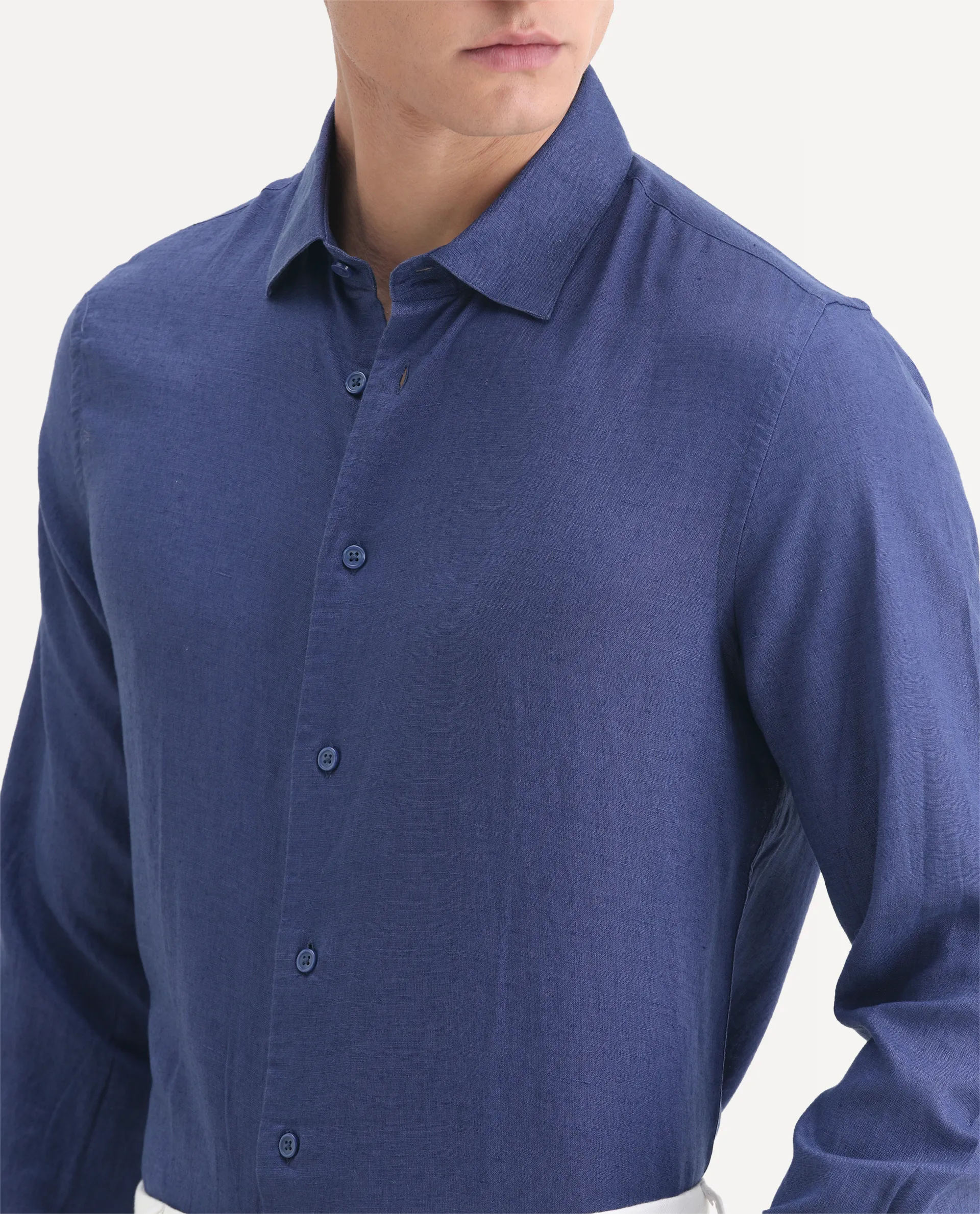 Rare Rabbit Men's Linex Ls-25 Blue Linen Blend Plain Regular Fit Full Sleeve Collared Shirt - Image 3