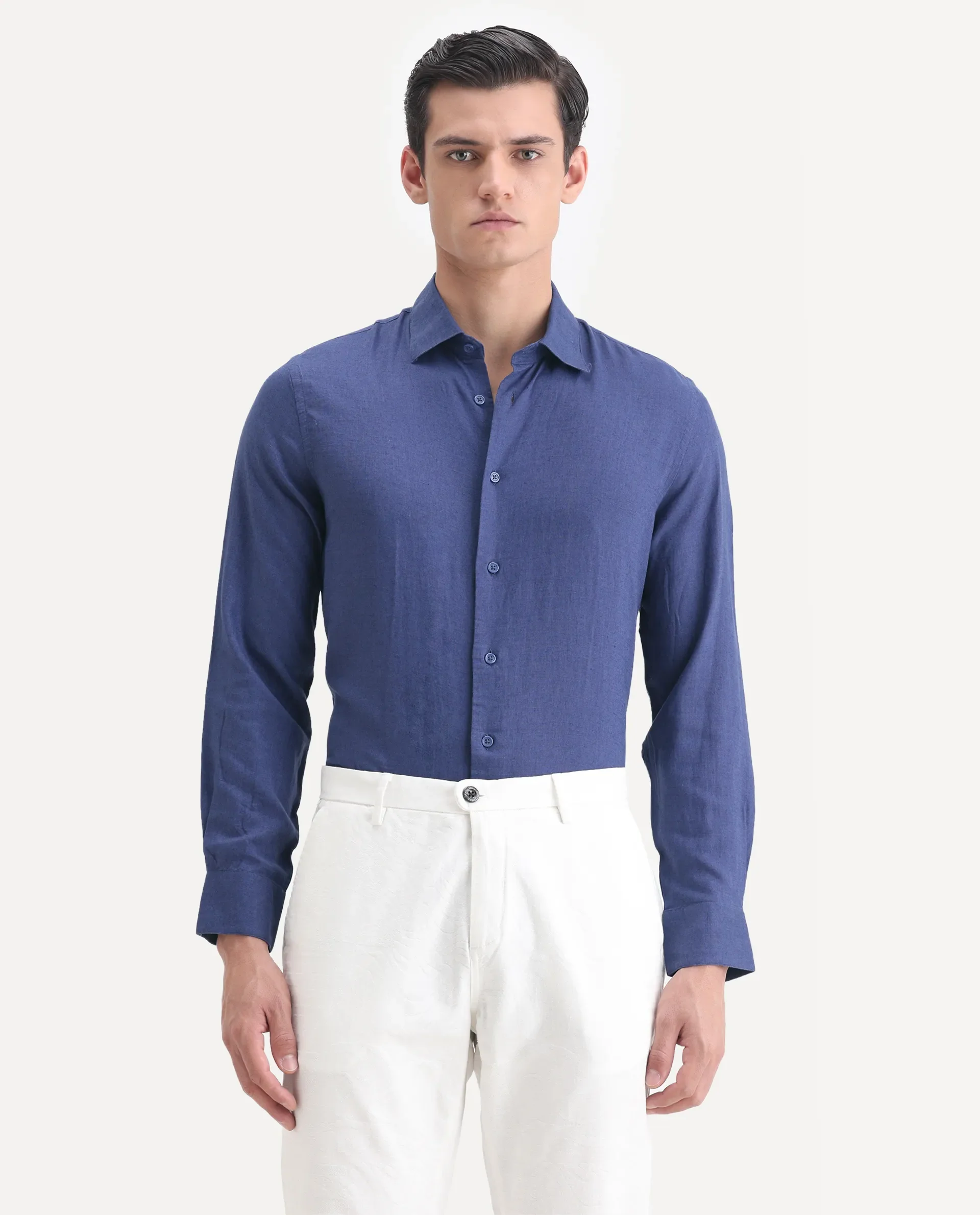 Rare Rabbit Men's Linex Ls-25 Blue Linen Blend Plain Regular Fit Full Sleeve Collared Shirt - Image 4