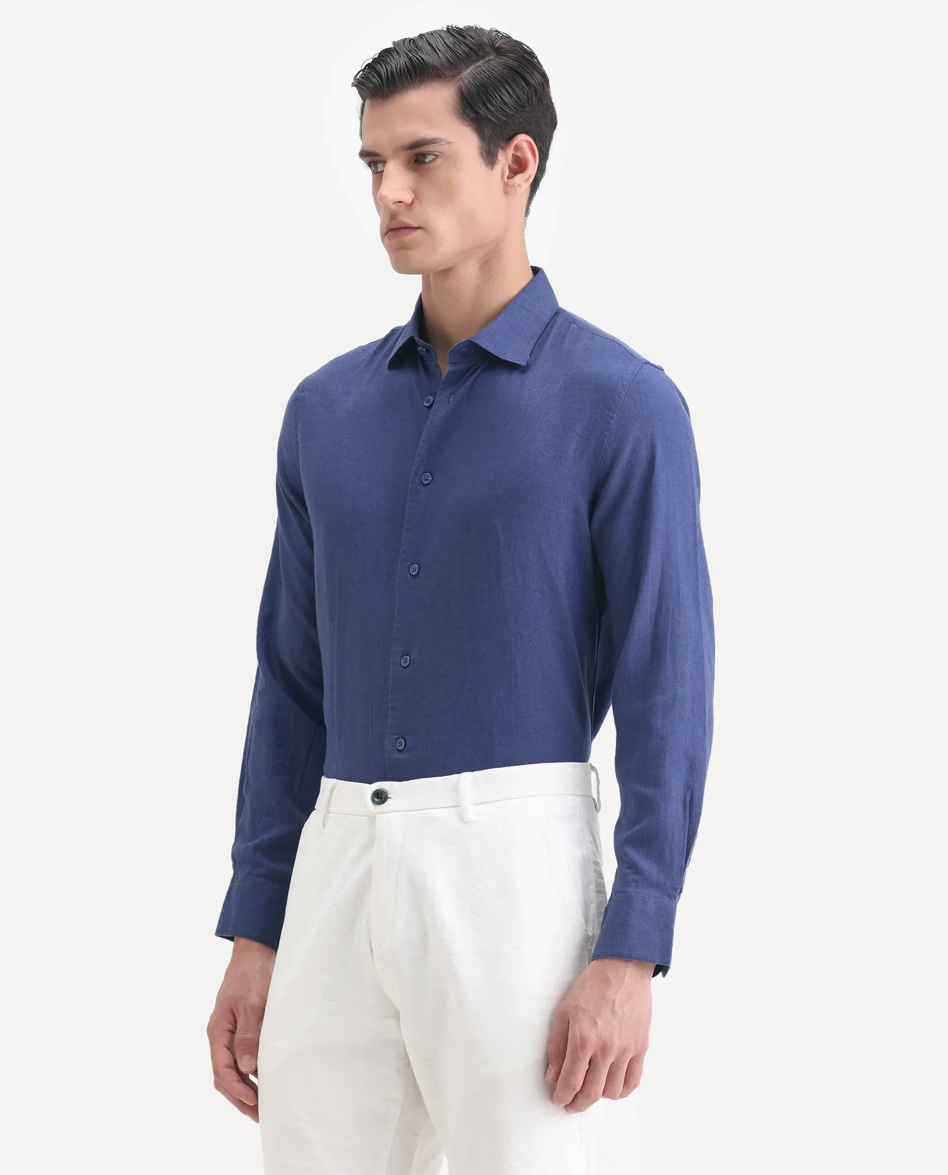 Rare Rabbit Men's Linex Ls-25 Blue Linen Blend Plain Regular Fit Full Sleeve Collared Shirt - Image 5