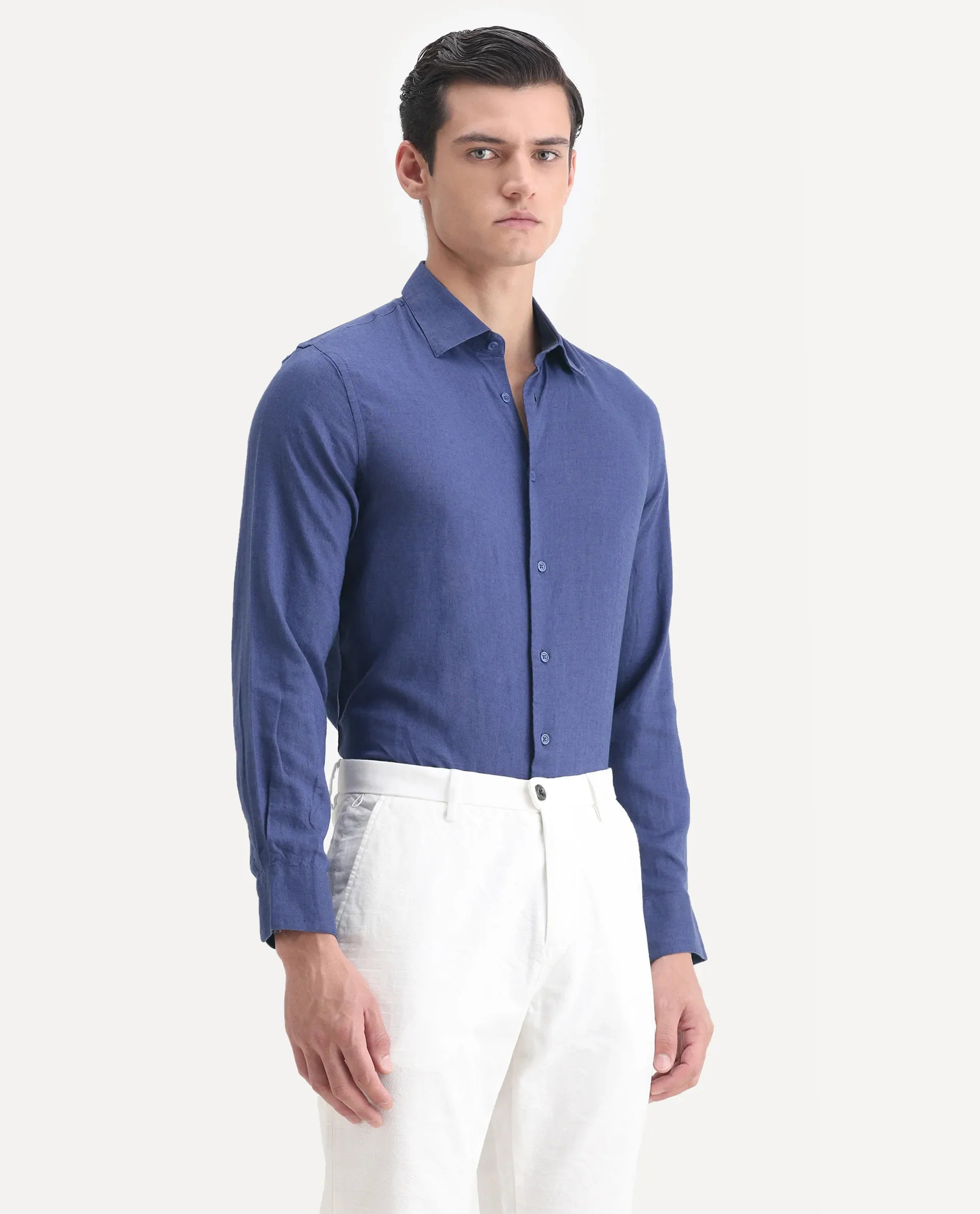 Rare Rabbit Men's Linex Ls-25 Blue Linen Blend Plain Regular Fit Full Sleeve Collared Shirt - Image 6