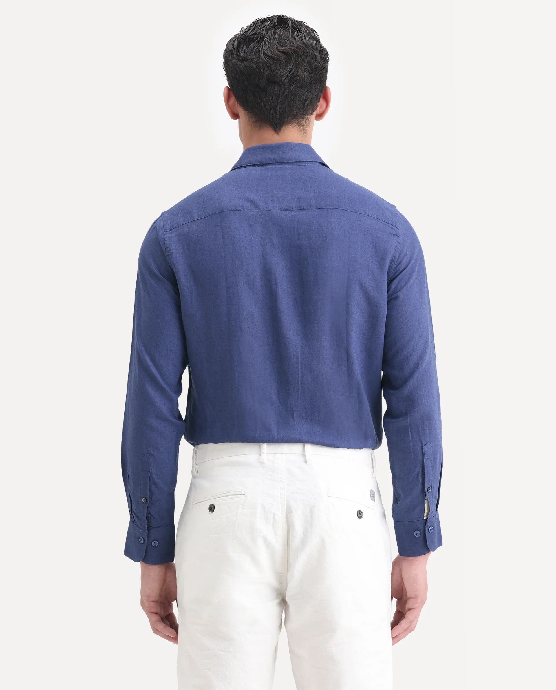 Rare Rabbit Men's Linex Ls-25 Blue Linen Blend Plain Regular Fit Full Sleeve Collared Shirt - Image 7