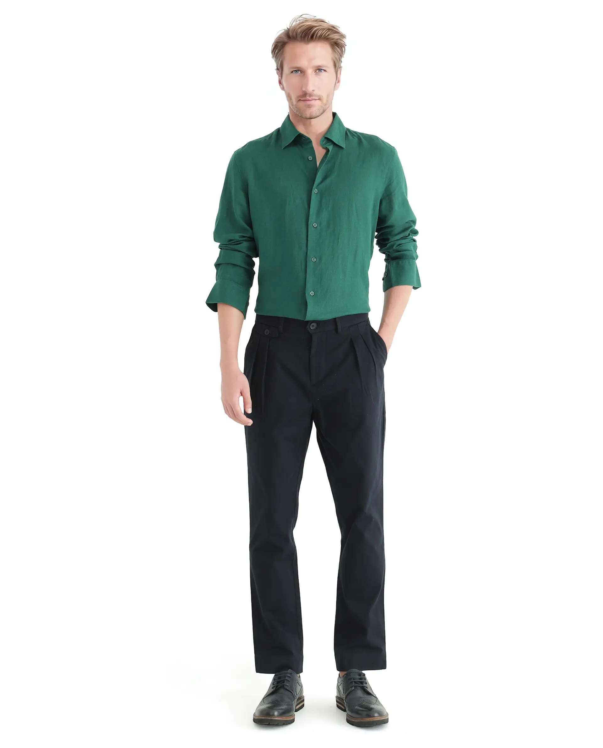 Rare Rabbit Men's Linex Ls-25 Green Linen Blend Plain Regular Fit Full Sleeve Collared Shirt - Image 2