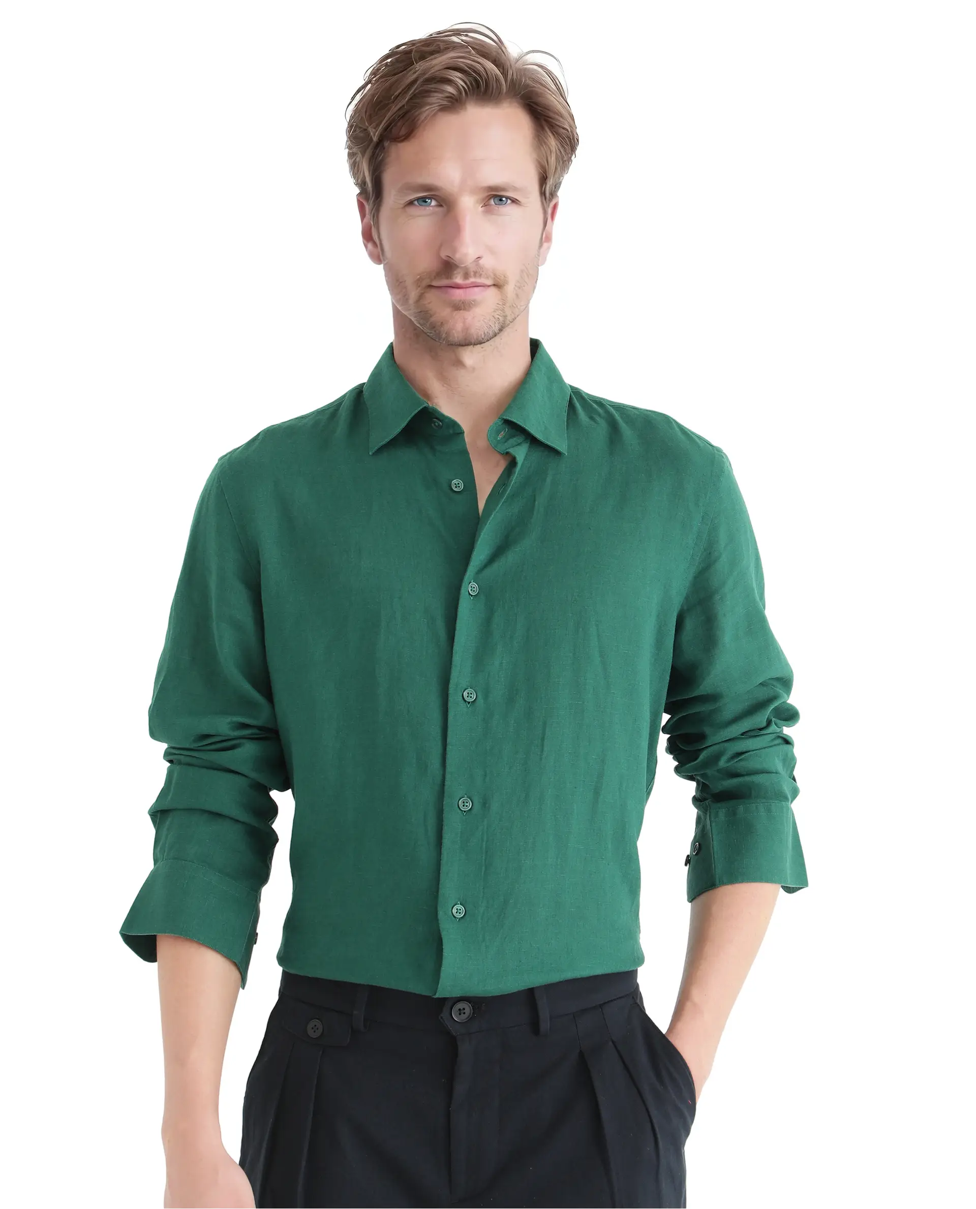 Rare Rabbit Men's Linex Ls-25 Green Linen Blend Plain Regular Fit Full Sleeve Collared Shirt - Image 3