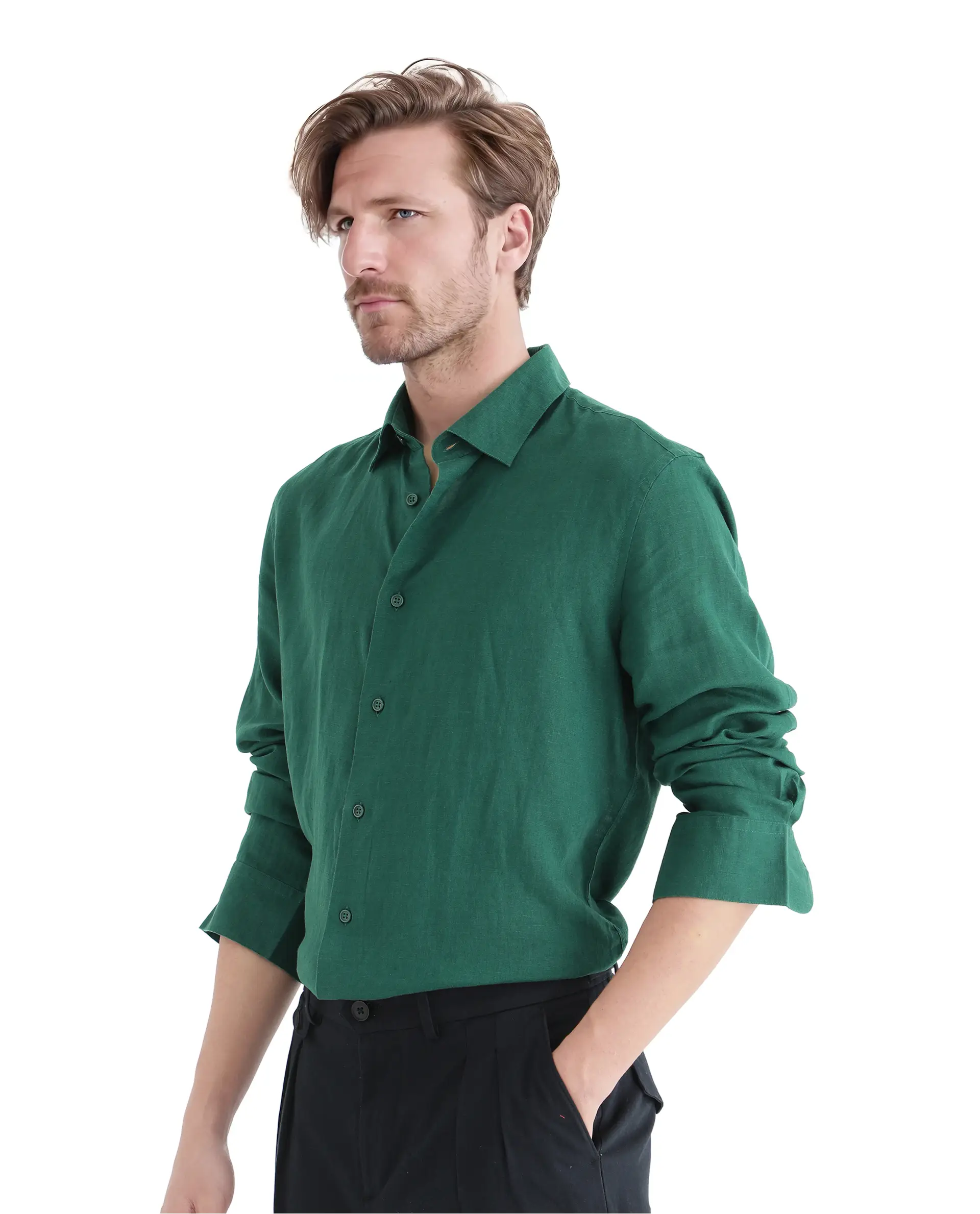 Rare Rabbit Men's Linex Ls-25 Green Linen Blend Plain Regular Fit Full Sleeve Collared Shirt - Image 5