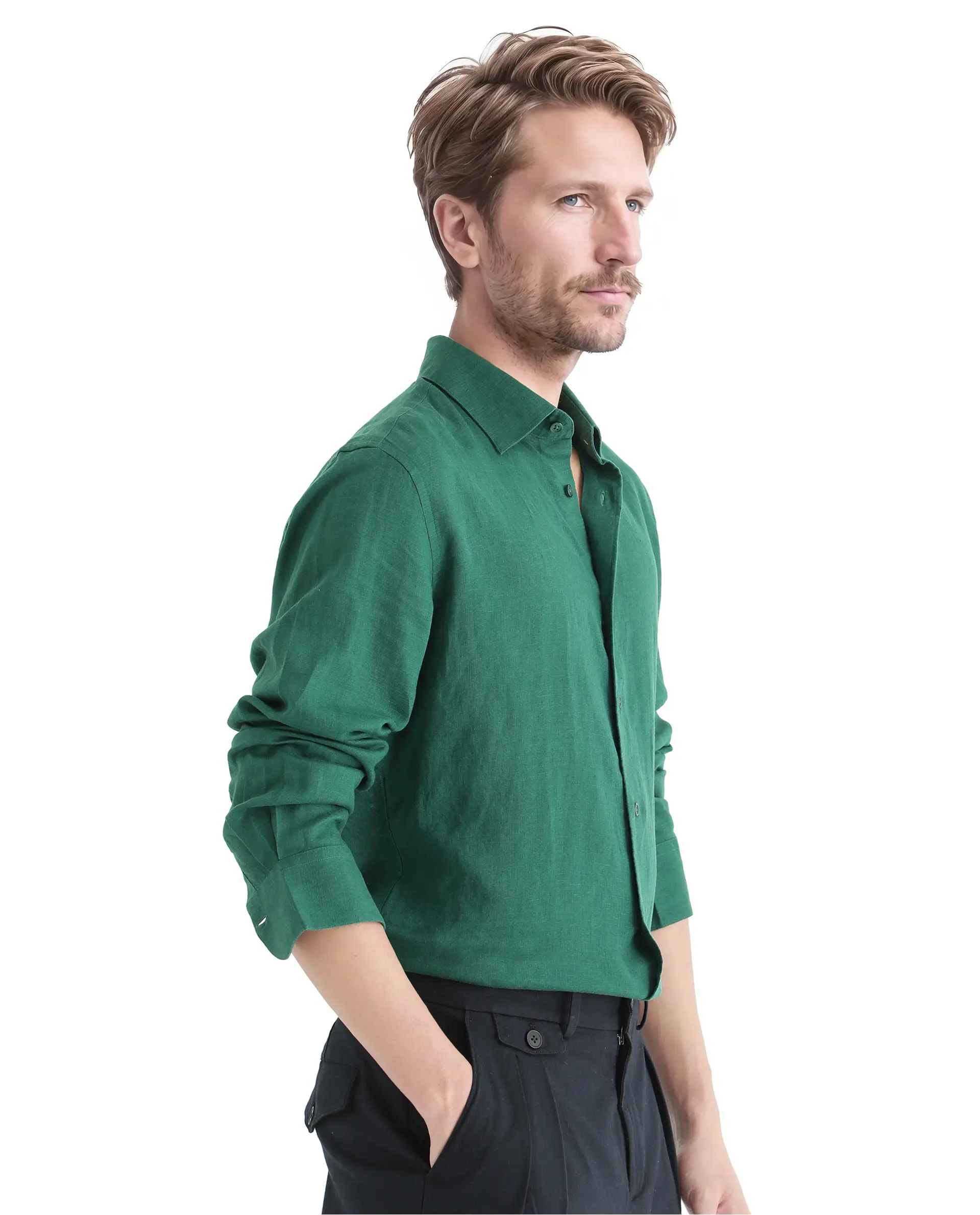 Rare Rabbit Men's Linex Ls-25 Green Linen Blend Plain Regular Fit Full Sleeve Collared Shirt - Image 6