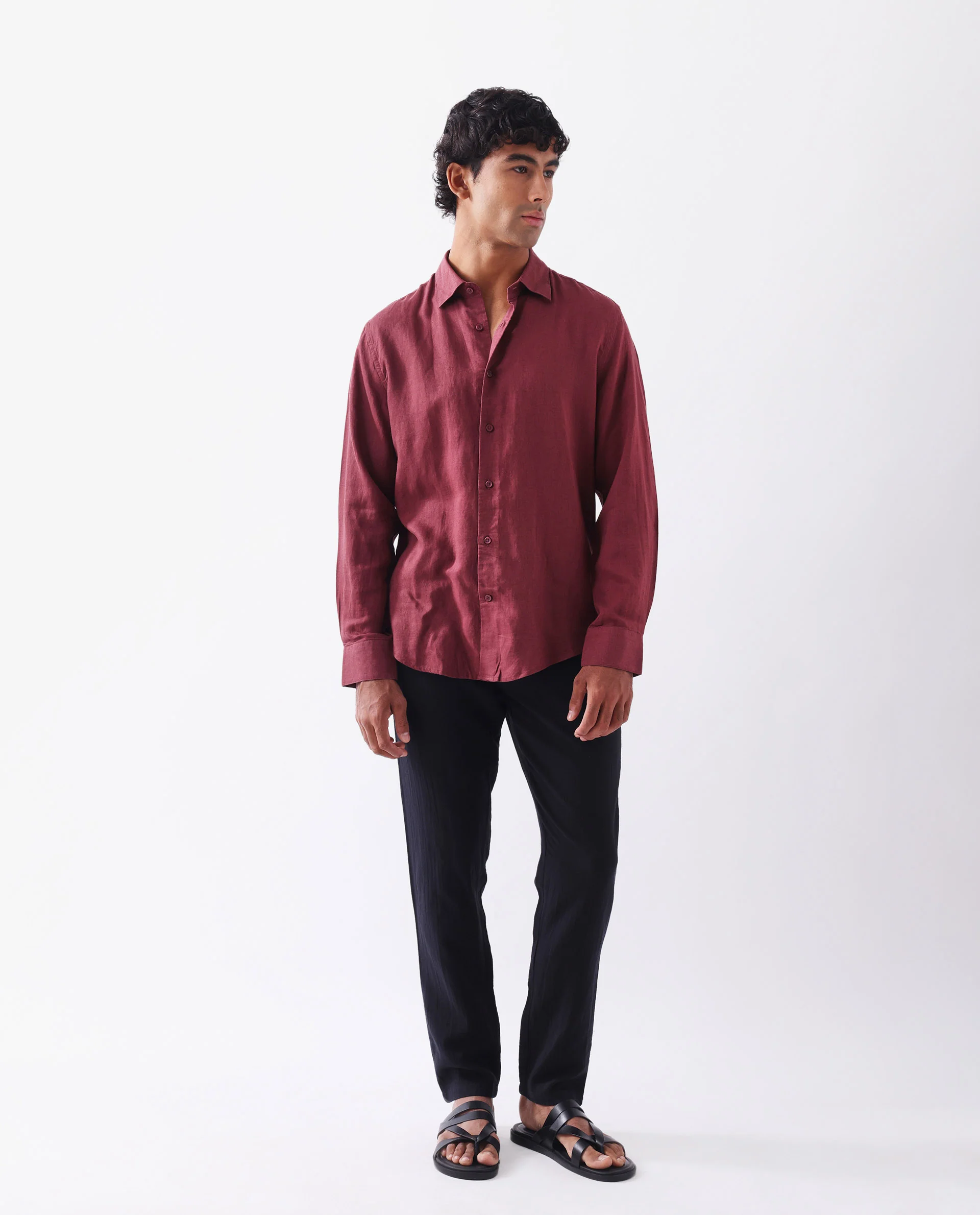 Rare Rabbit Men's Linex Ls-25 Maroon Linen Blend Plain Regular Fit Full Sleeve Collared Shirt - Image 3