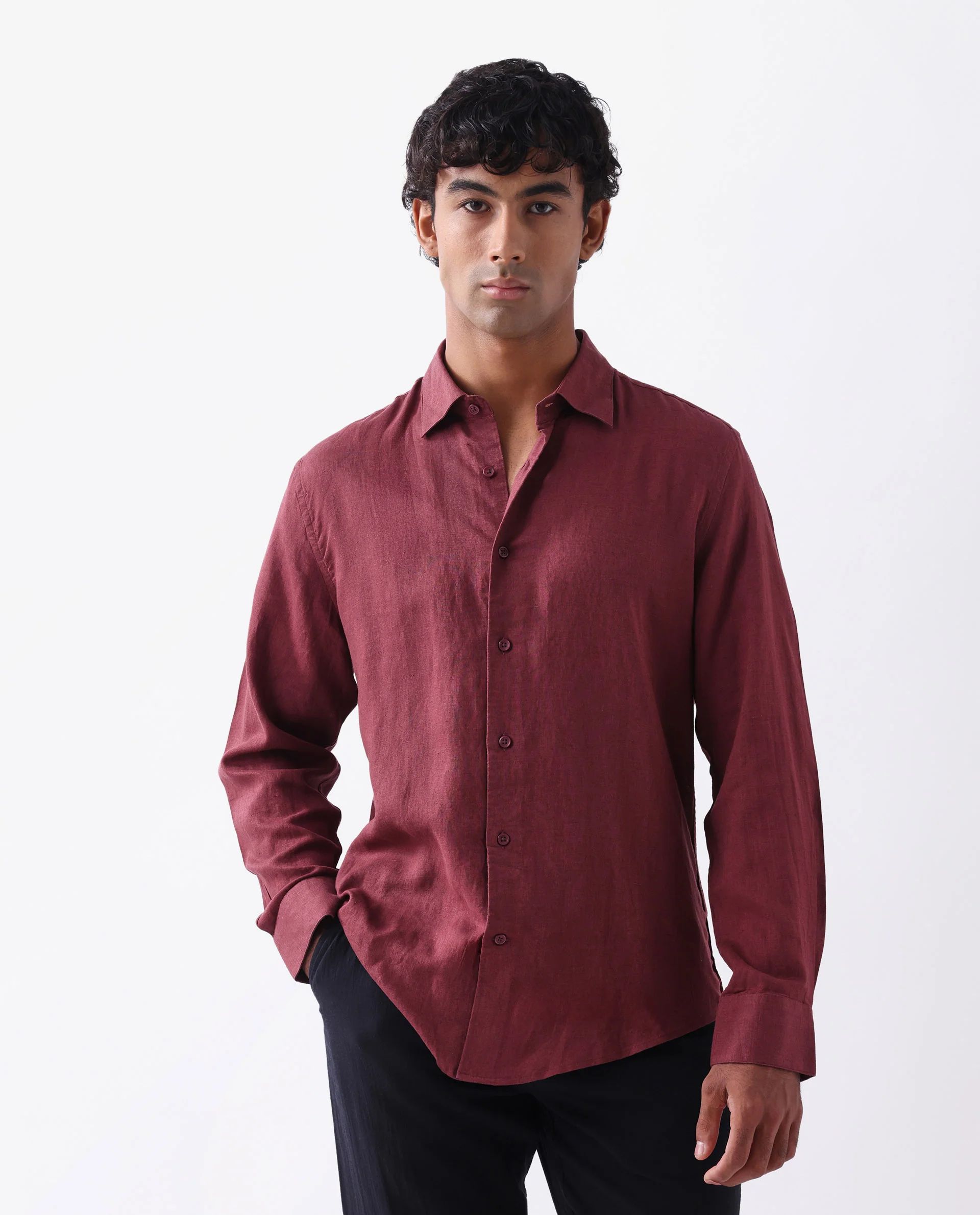Rare Rabbit Men's Linex Ls-25 Maroon Linen Blend Plain Regular Fit Full Sleeve Collared Shirt - Image 4