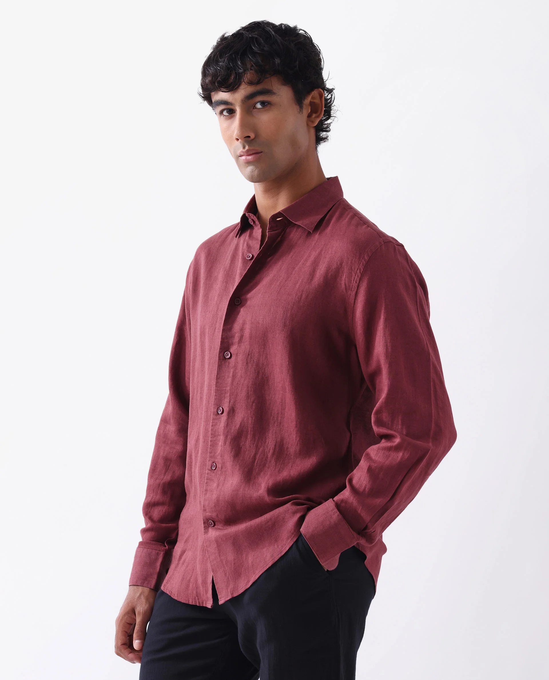 Rare Rabbit Men's Linex Ls-25 Maroon Linen Blend Plain Regular Fit Full Sleeve Collared Shirt - Image 5