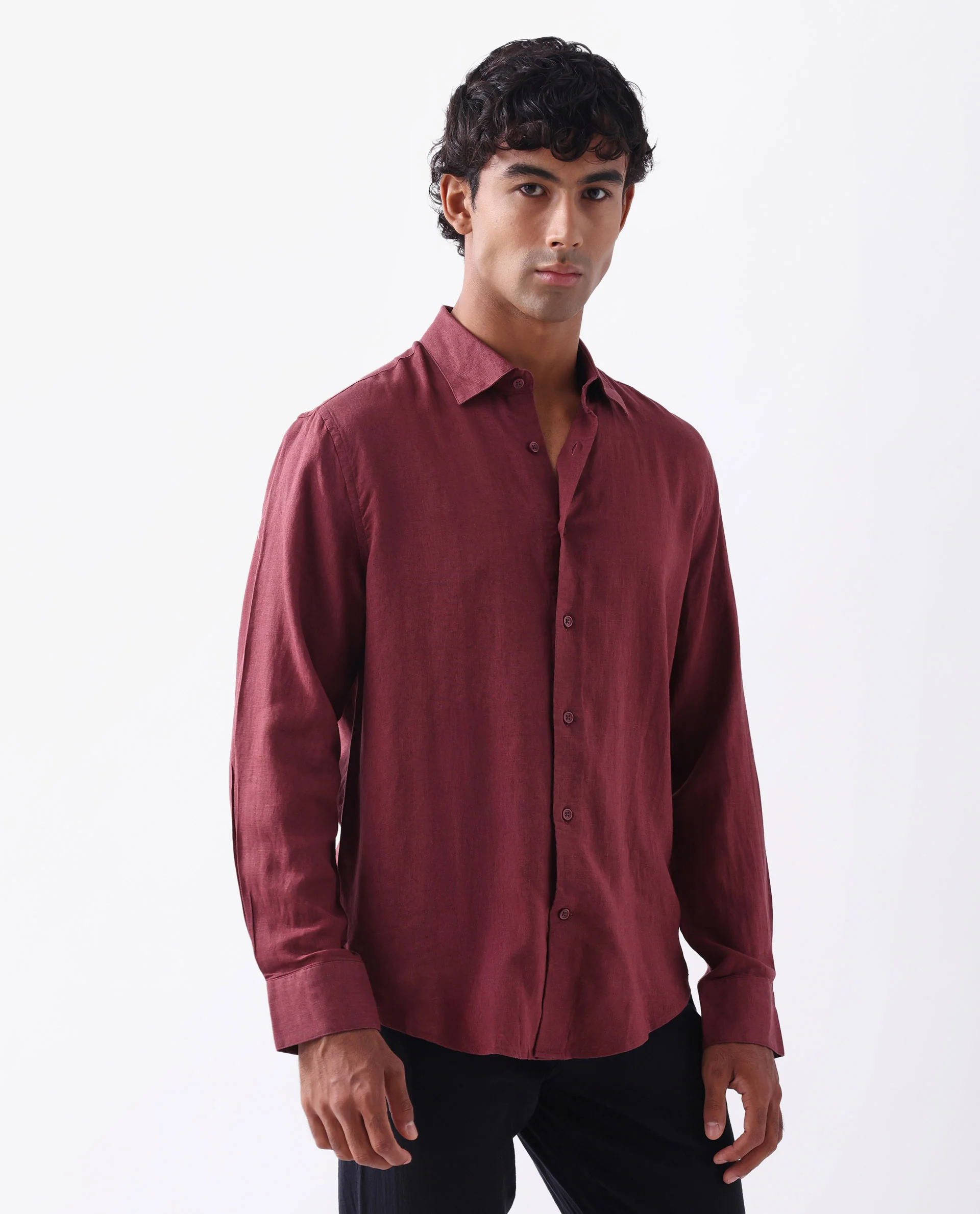 Rare Rabbit Men's Linex Ls-25 Maroon Linen Blend Plain Regular Fit Full Sleeve Collared Shirt - Image 6