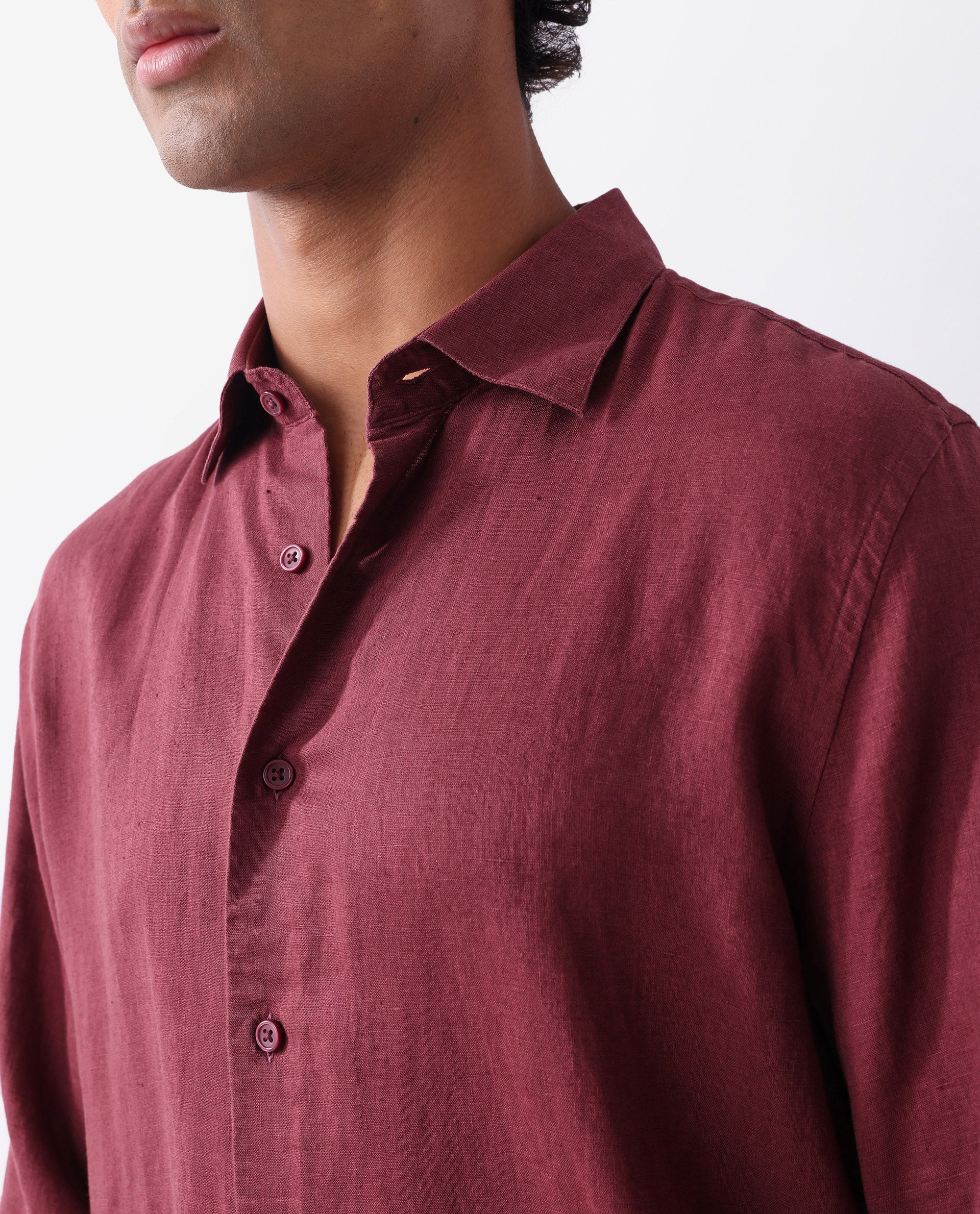 Rare Rabbit Men's Linex Ls-25 Maroon Linen Blend Plain Regular Fit Full Sleeve Collared Shirt - Image 7