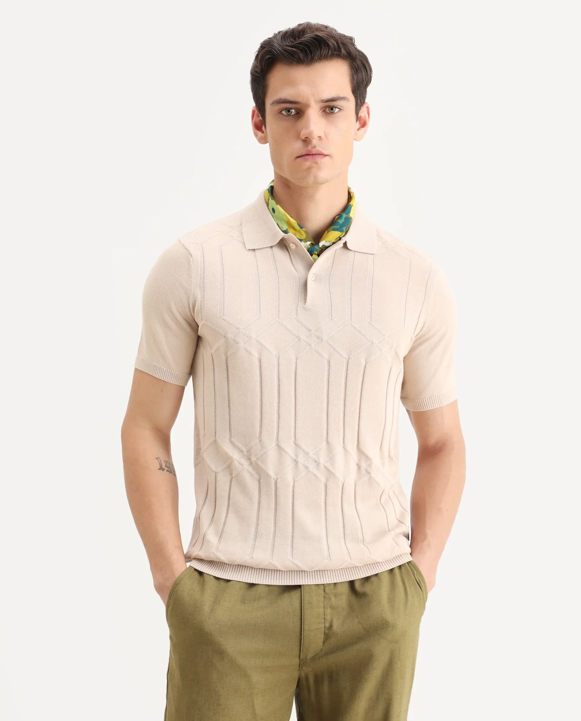 Rare Rabbit Men's Link Beige Cotton Striped Print Slim Fit Half Sleeve Polo