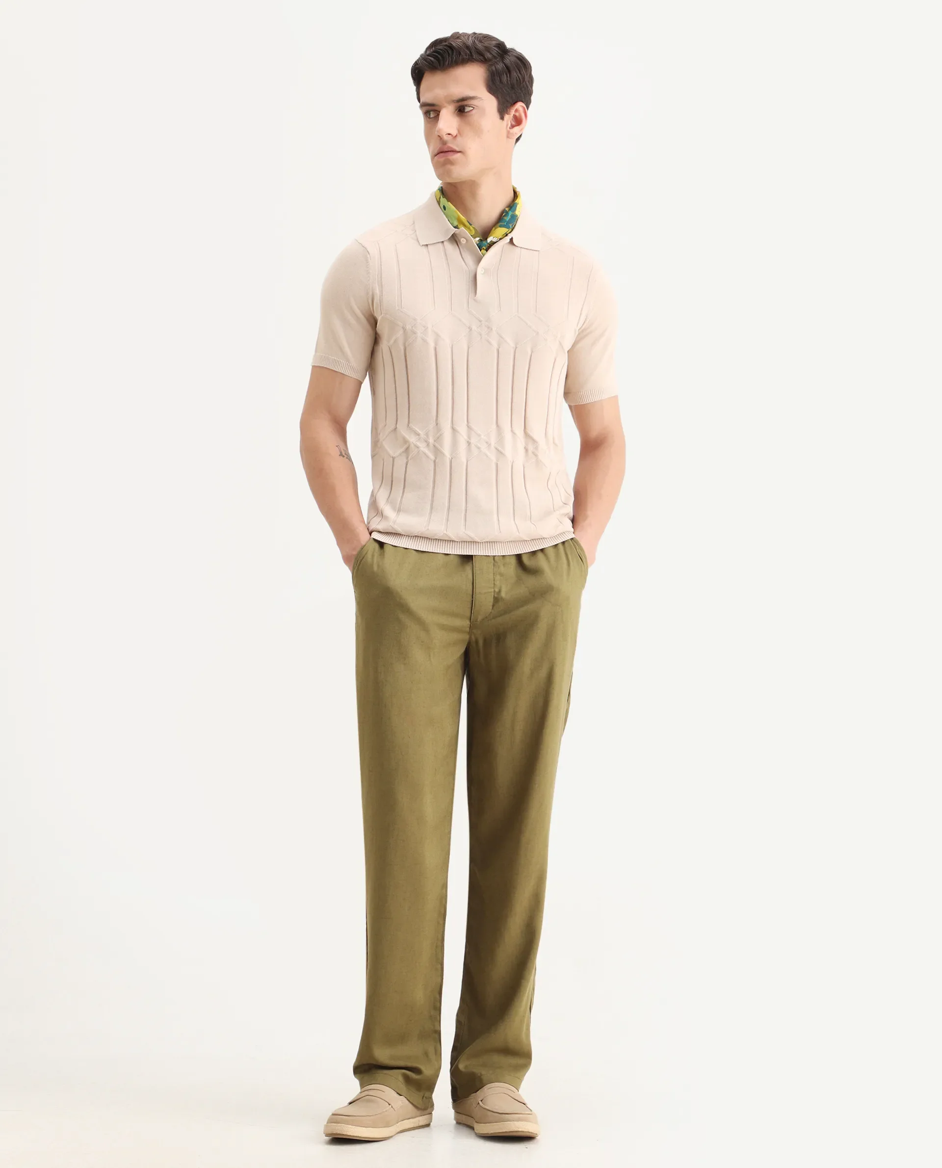 Rare Rabbit Men's Link Beige Cotton Striped Print Slim Fit Half Sleeve Polo - Image 2