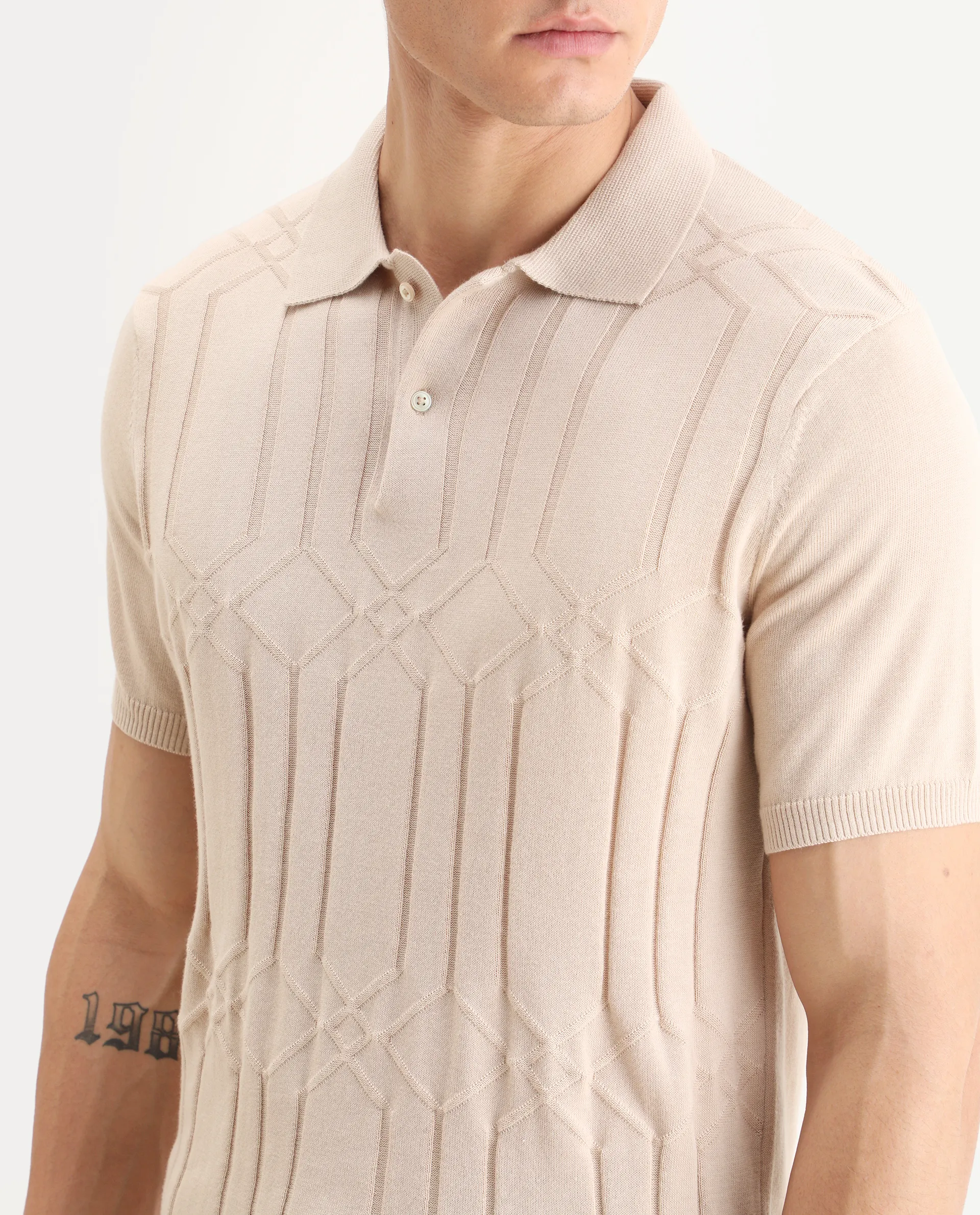 Rare Rabbit Men's Link Beige Cotton Striped Print Slim Fit Half Sleeve Polo - Image 3
