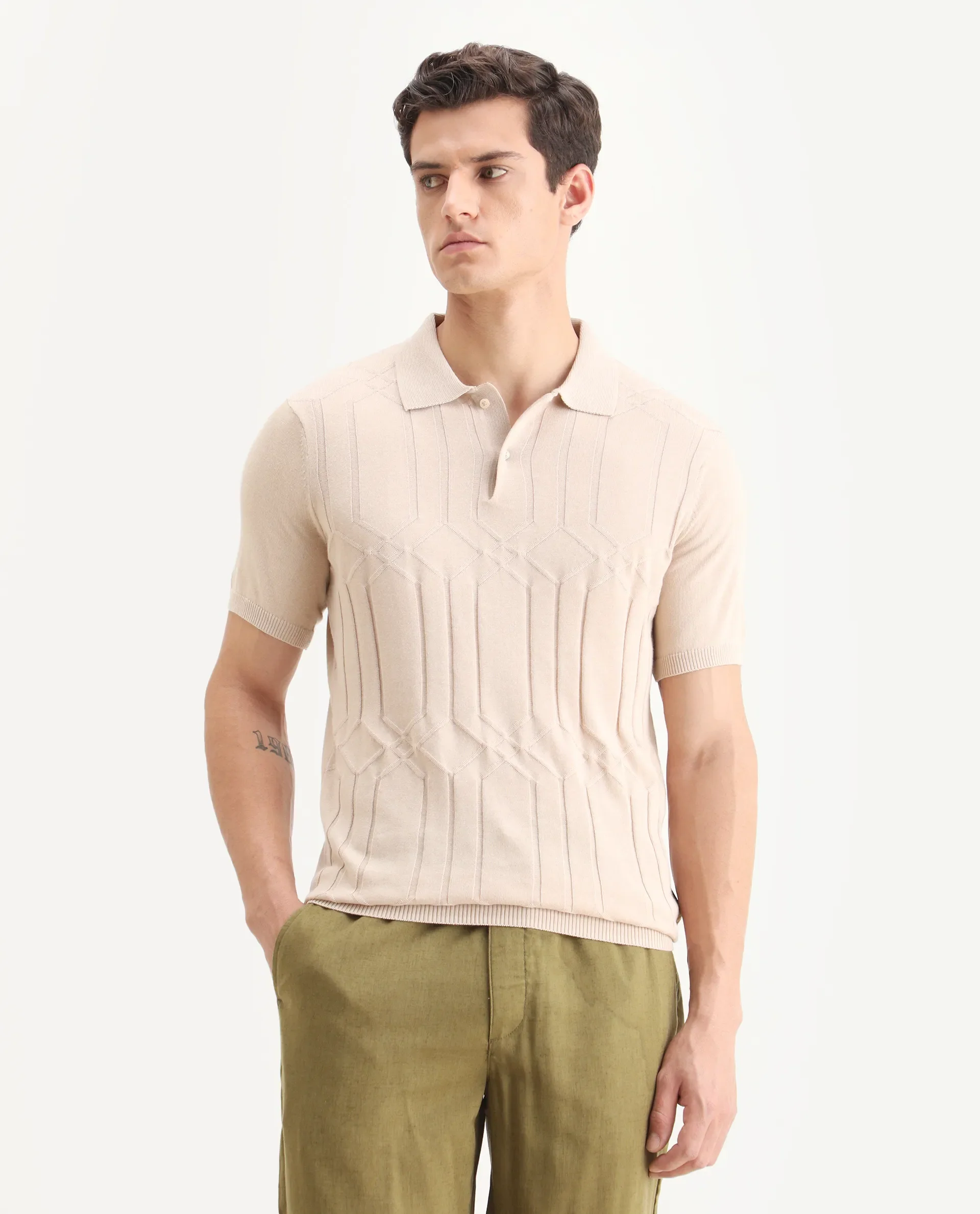 Rare Rabbit Men's Link Beige Cotton Striped Print Slim Fit Half Sleeve Polo - Image 4
