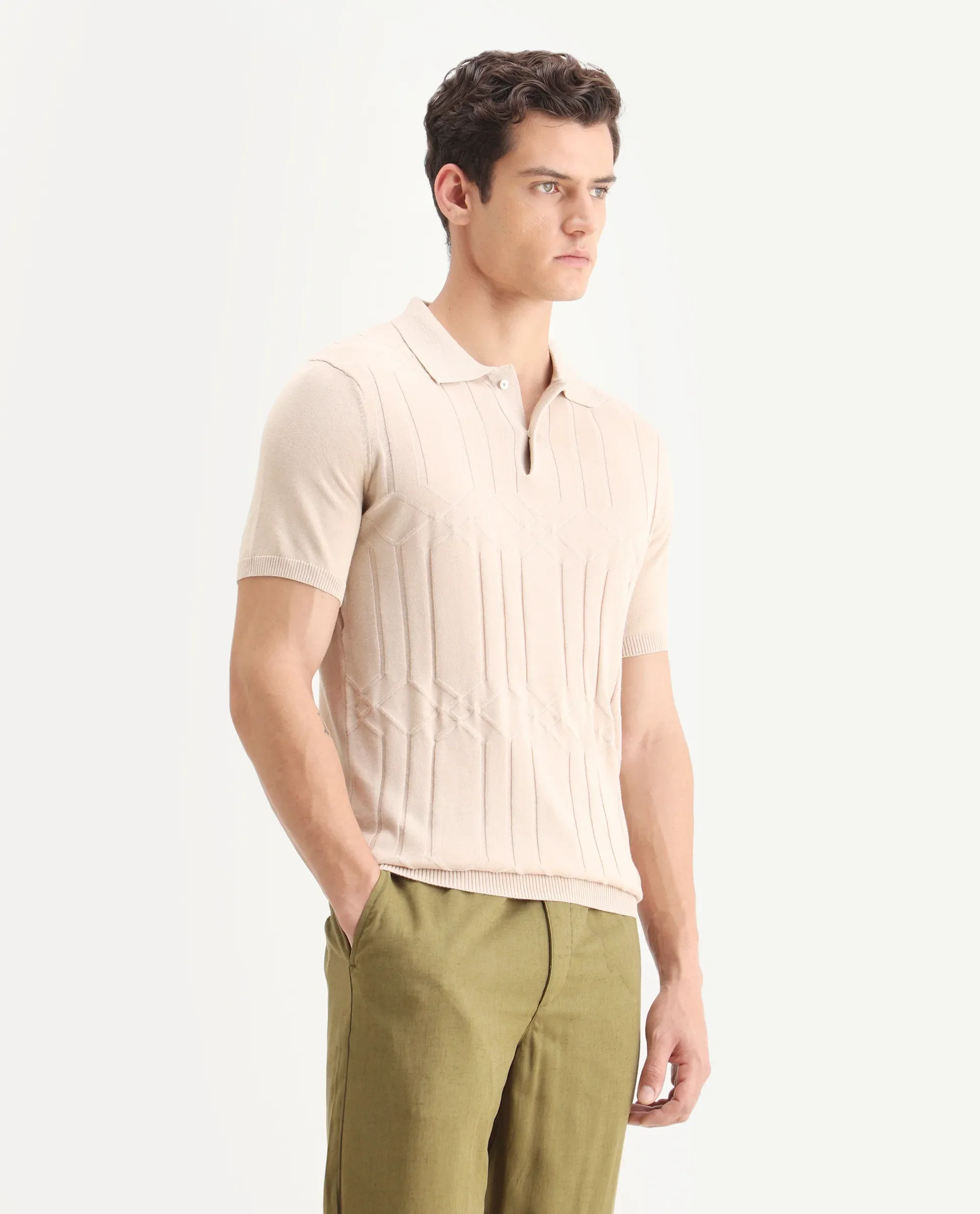 Rare Rabbit Men's Link Beige Cotton Striped Print Slim Fit Half Sleeve Polo - Image 5