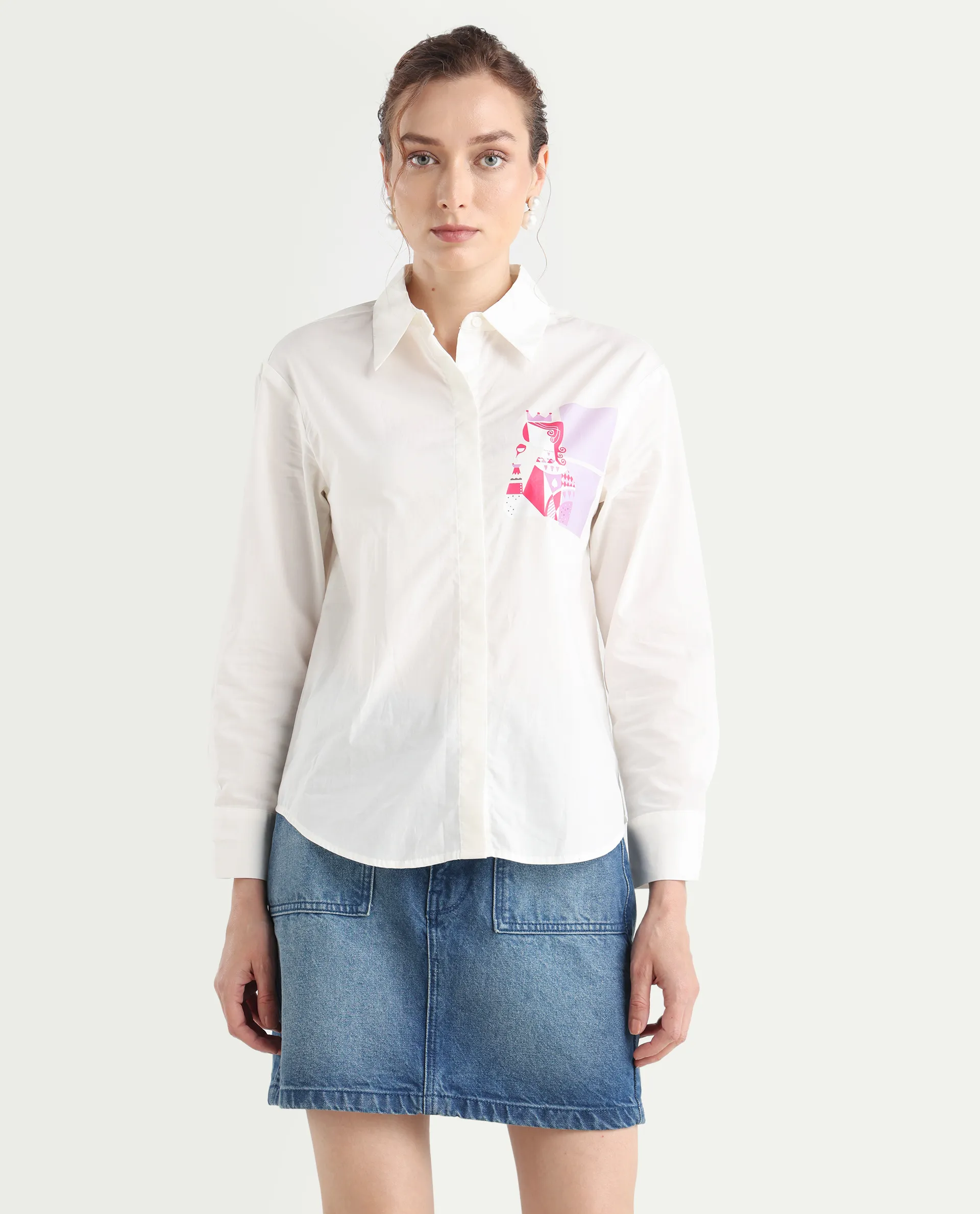 Rareism Women's Linnpo Off White Cotton Spread Collar Graphic Print Cuffed Sleeve Regular Fit Shirt - Image 3