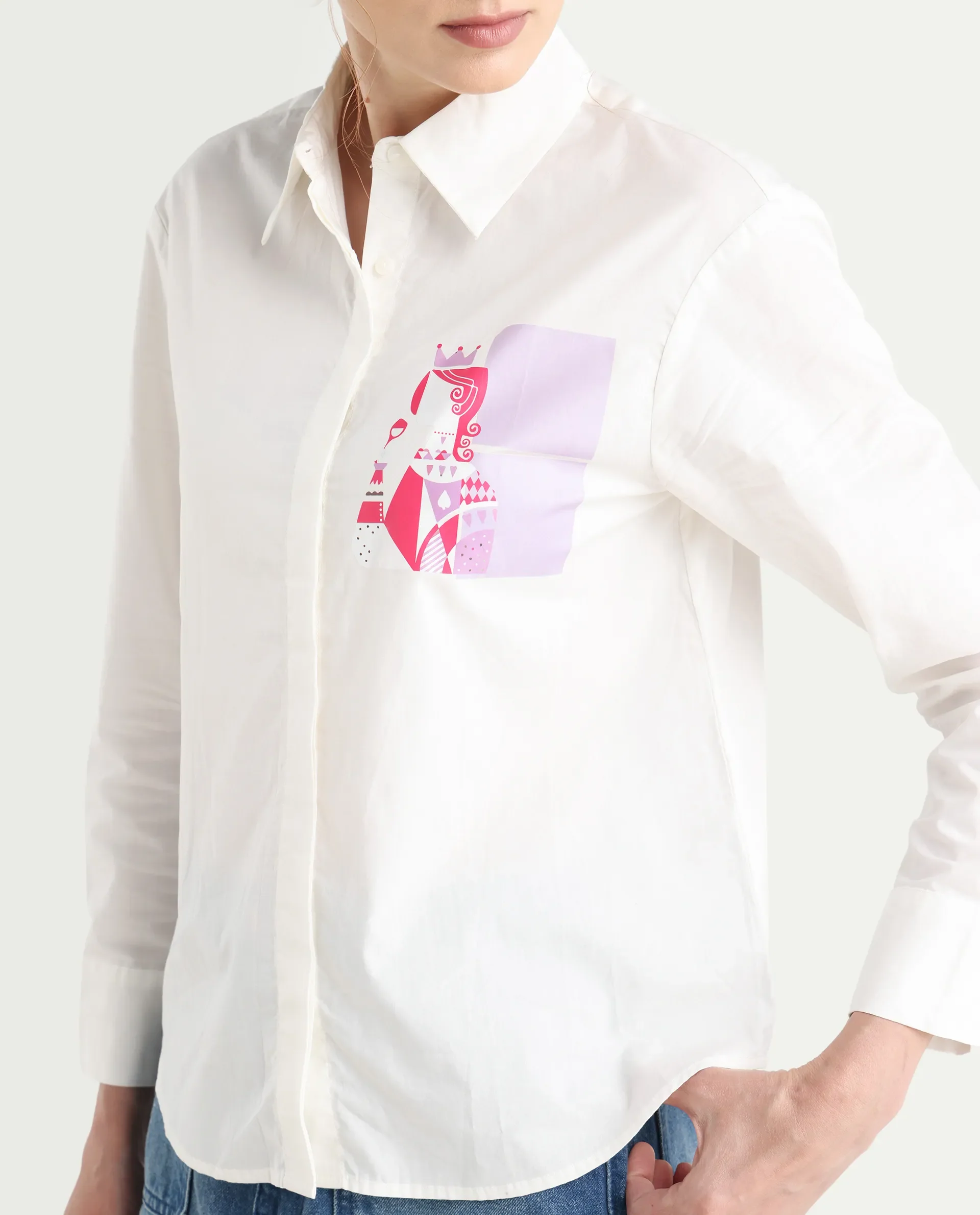 Rareism Women's Linnpo Off White Cotton Spread Collar Graphic Print Cuffed Sleeve Regular Fit Shirt - Image 5