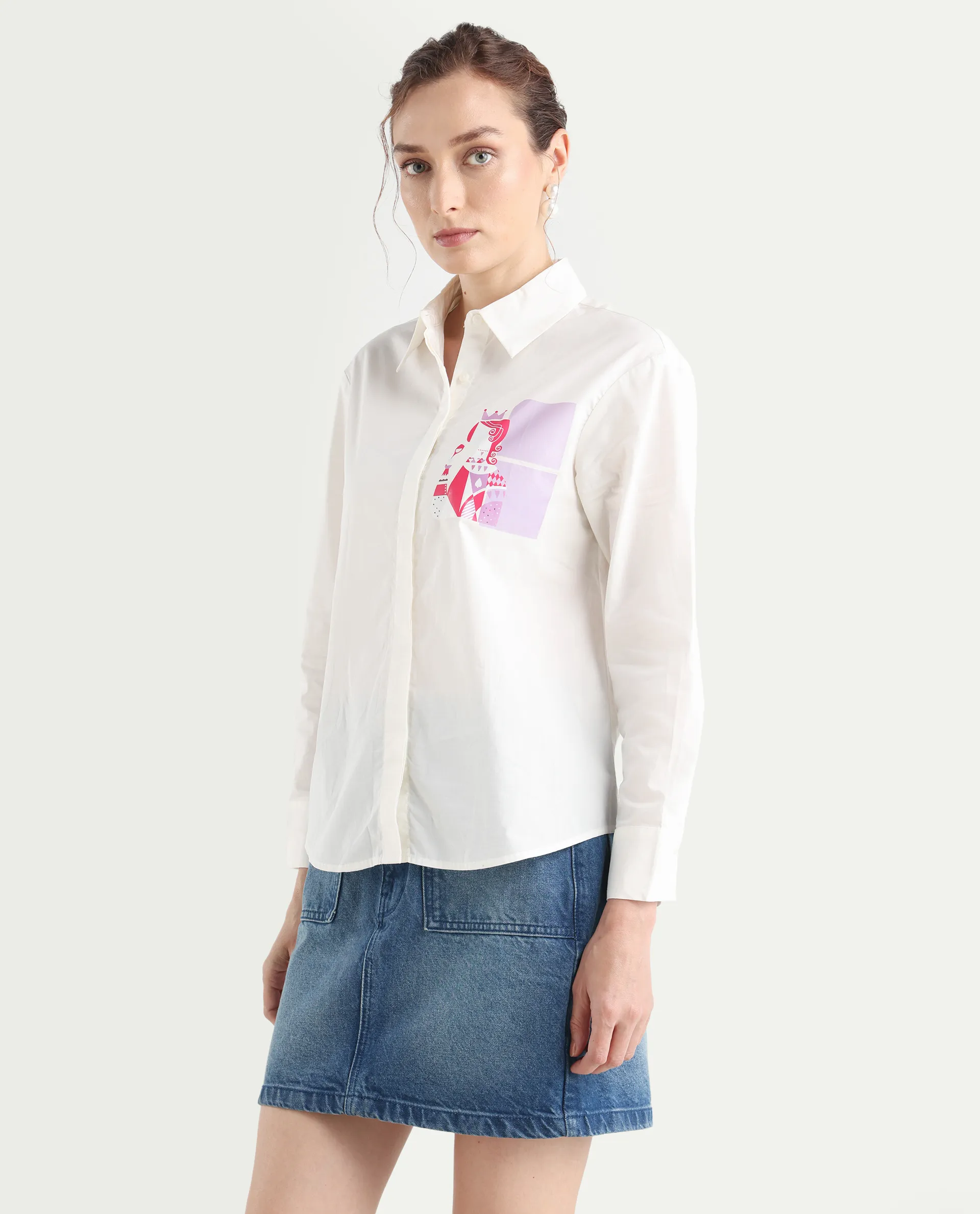 Rareism Women's Linnpo Off White Cotton Spread Collar Graphic Print Cuffed Sleeve Regular Fit Shirt - Image 6