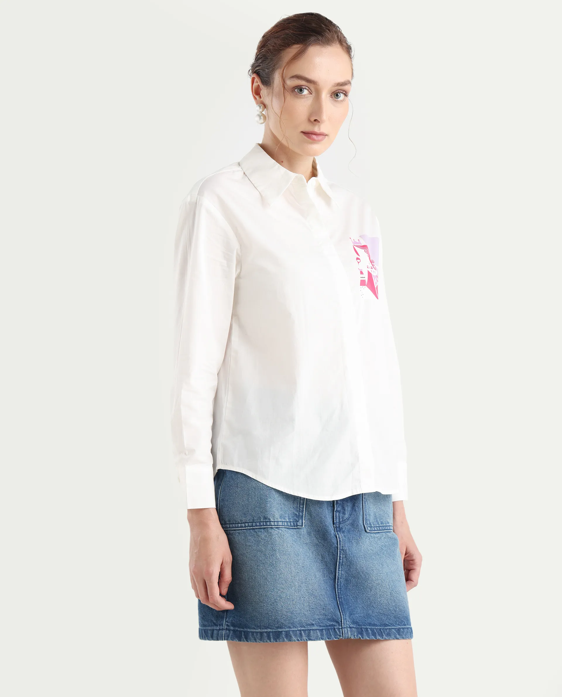 Rareism Women's Linnpo Off White Cotton Spread Collar Graphic Print Cuffed Sleeve Regular Fit Shirt - Image 7