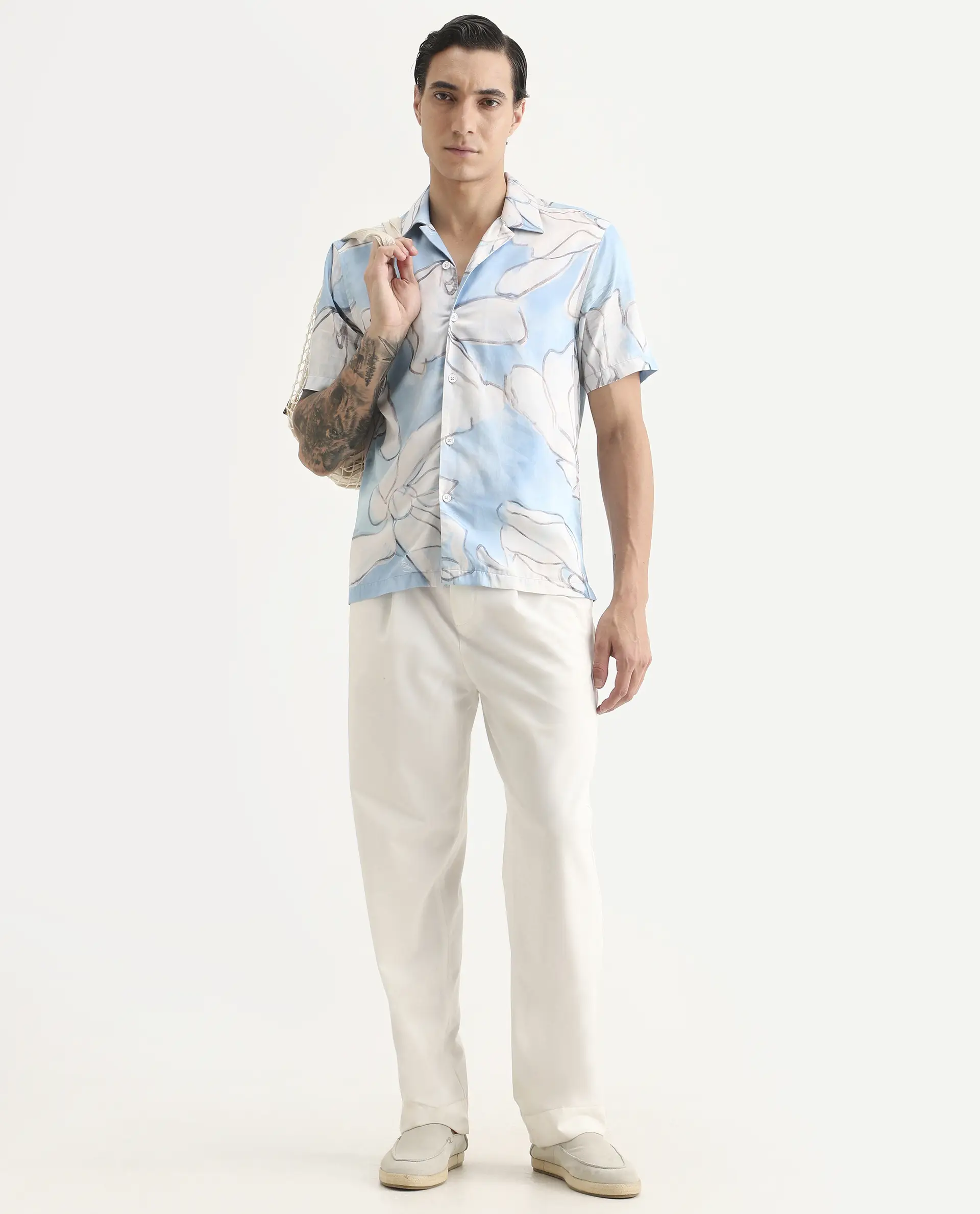 Rare Rabbit Men's Lino Pastel Blue Cotton Blend Fabric Half Sleeve Cuban Collar Regular Fit Floral Print Shirt - Image 2