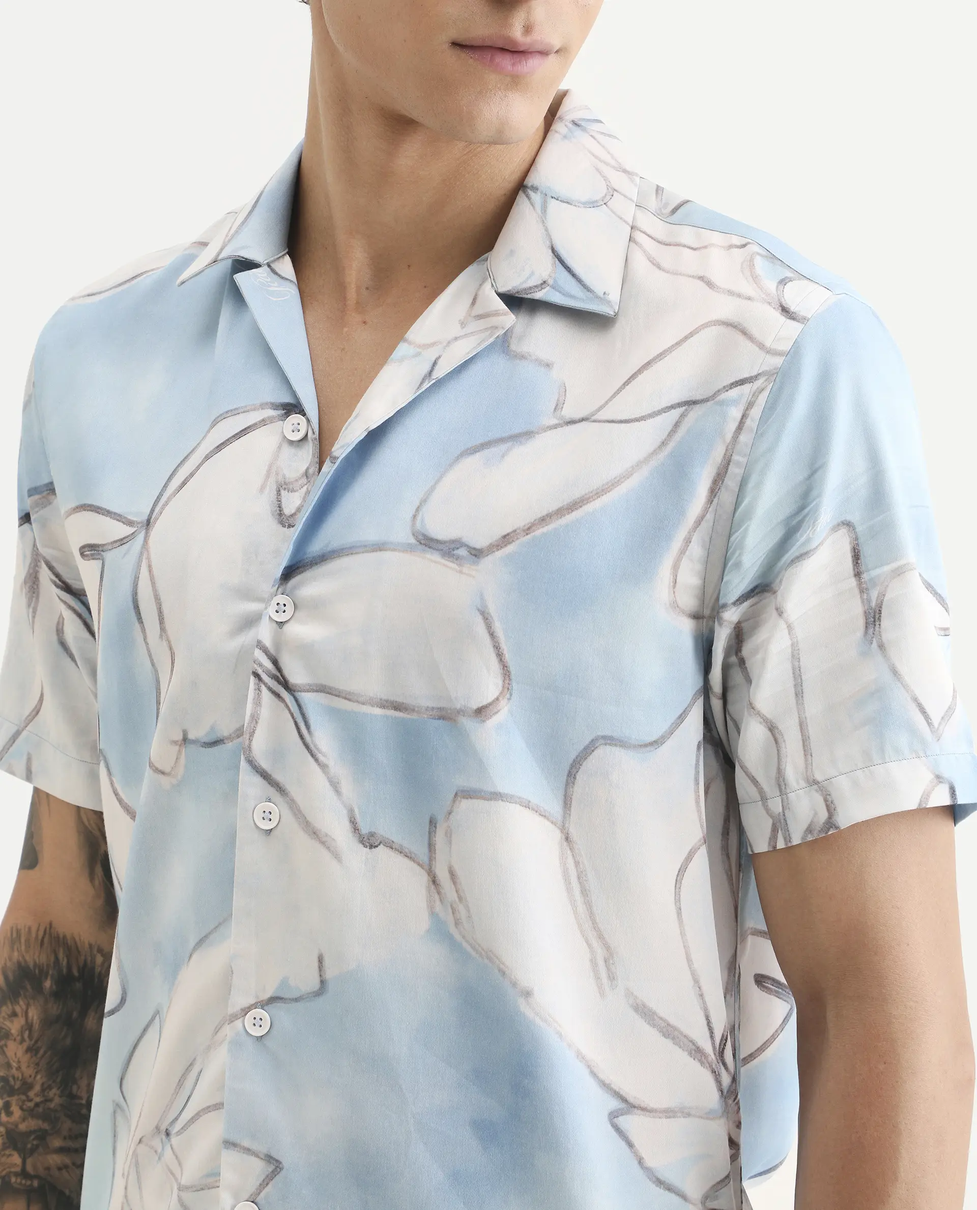 Rare Rabbit Men's Lino Pastel Blue Cotton Blend Fabric Half Sleeve Cuban Collar Regular Fit Floral Print Shirt - Image 3