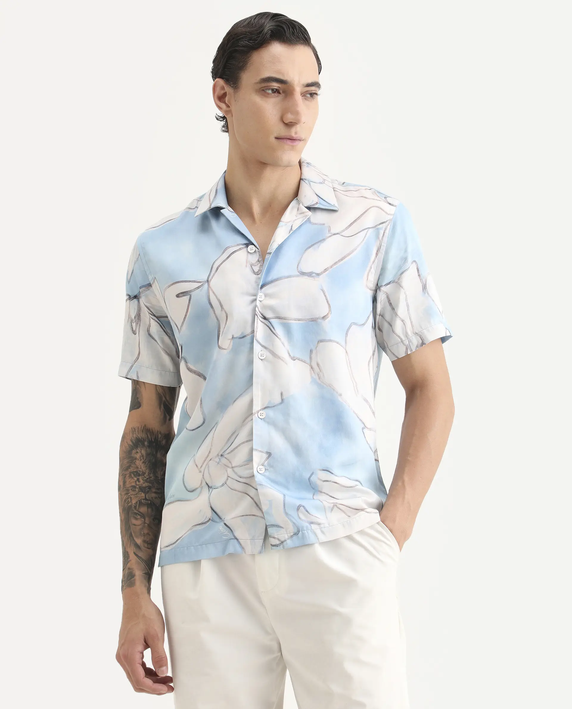 Rare Rabbit Men's Lino Pastel Blue Cotton Blend Fabric Half Sleeve Cuban Collar Regular Fit Floral Print Shirt - Image 4