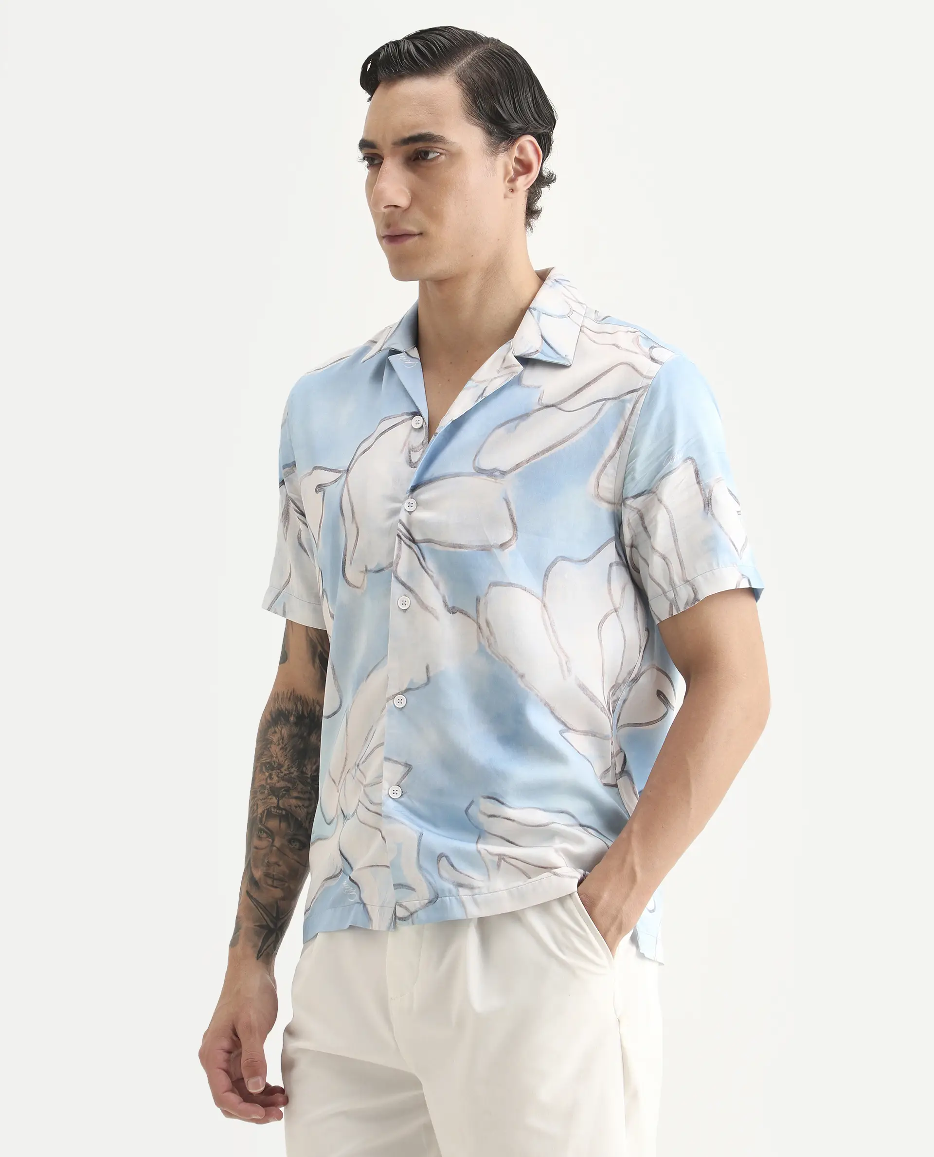 Rare Rabbit Men's Lino Pastel Blue Cotton Blend Fabric Half Sleeve Cuban Collar Regular Fit Floral Print Shirt - Image 5