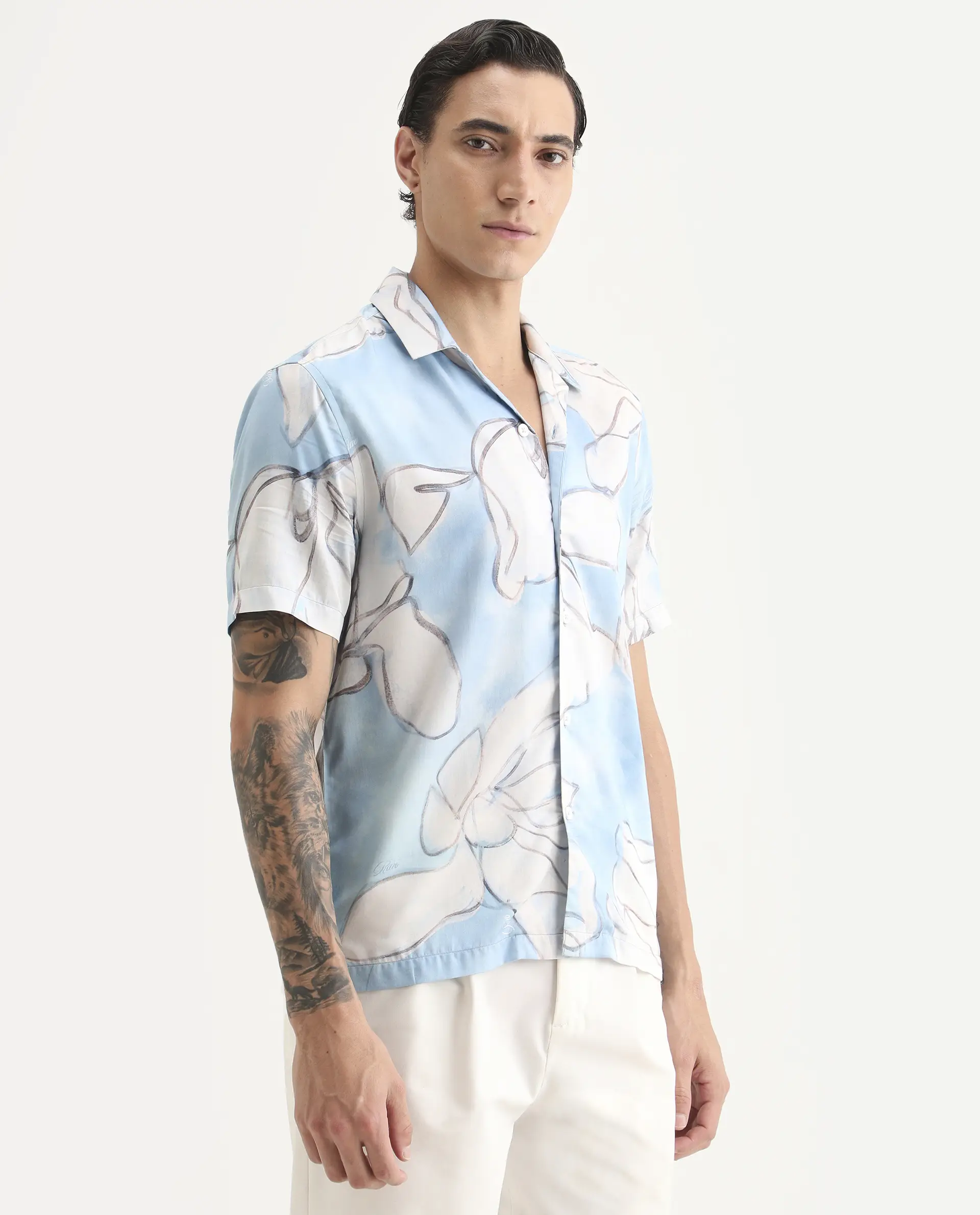 Rare Rabbit Men's Lino Pastel Blue Cotton Blend Fabric Half Sleeve Cuban Collar Regular Fit Floral Print Shirt - Image 6