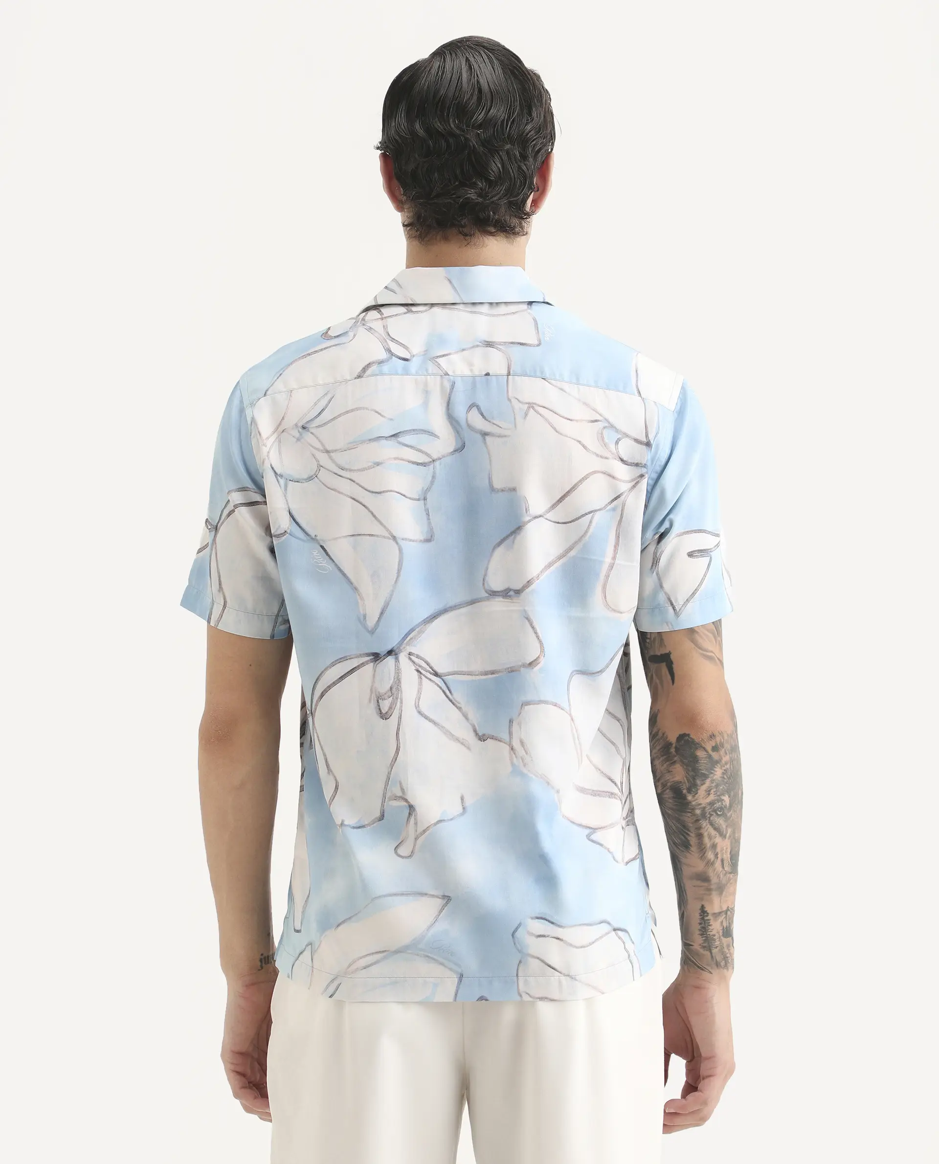 Rare Rabbit Men's Lino Pastel Blue Cotton Blend Fabric Half Sleeve Cuban Collar Regular Fit Floral Print Shirt - Image 7