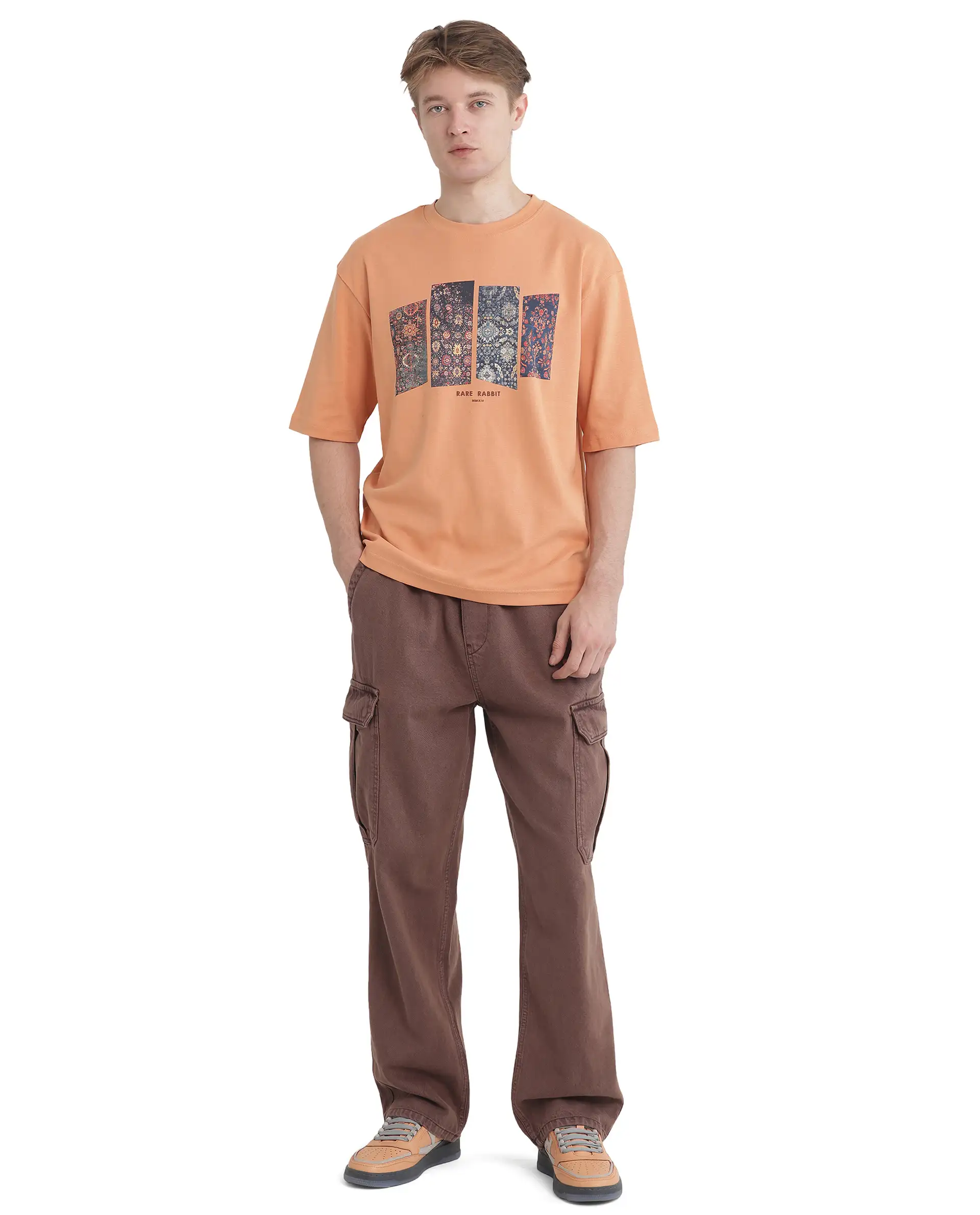 Rare Rabbit Men's Lino Dark Orange Cotton Graphic Print Qlo Fit Half Sleeve Crew Neck T-Shirt - Image 2