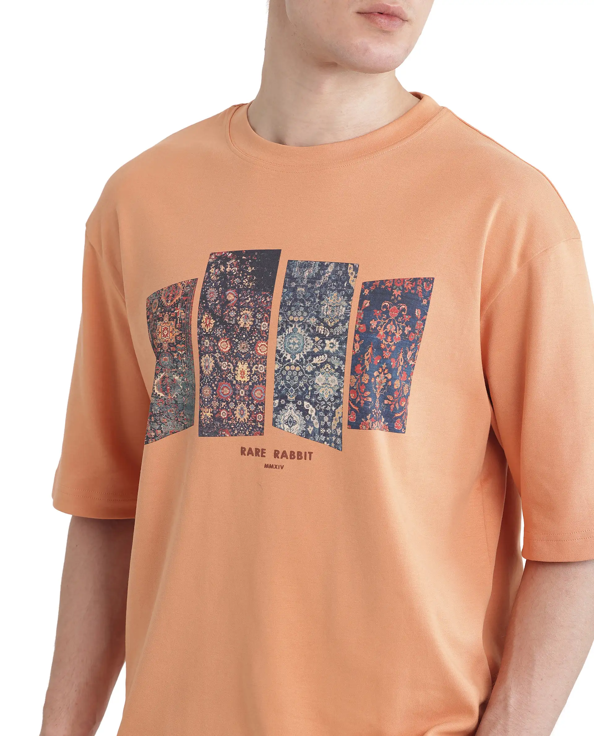 Rare Rabbit Men's Lino Dark Orange Cotton Graphic Print Qlo Fit Half Sleeve Crew Neck T-Shirt - Image 3
