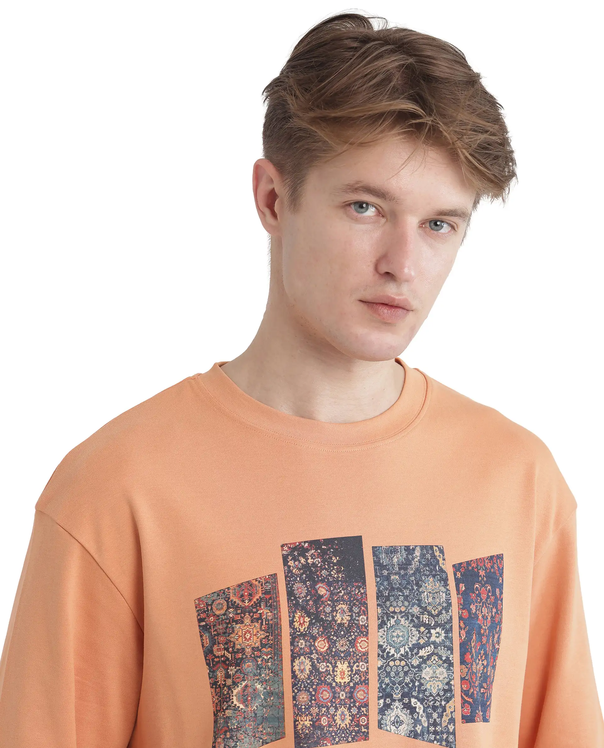 Rare Rabbit Men's Lino Dark Orange Cotton Graphic Print Qlo Fit Half Sleeve Crew Neck T-Shirt - Image 5