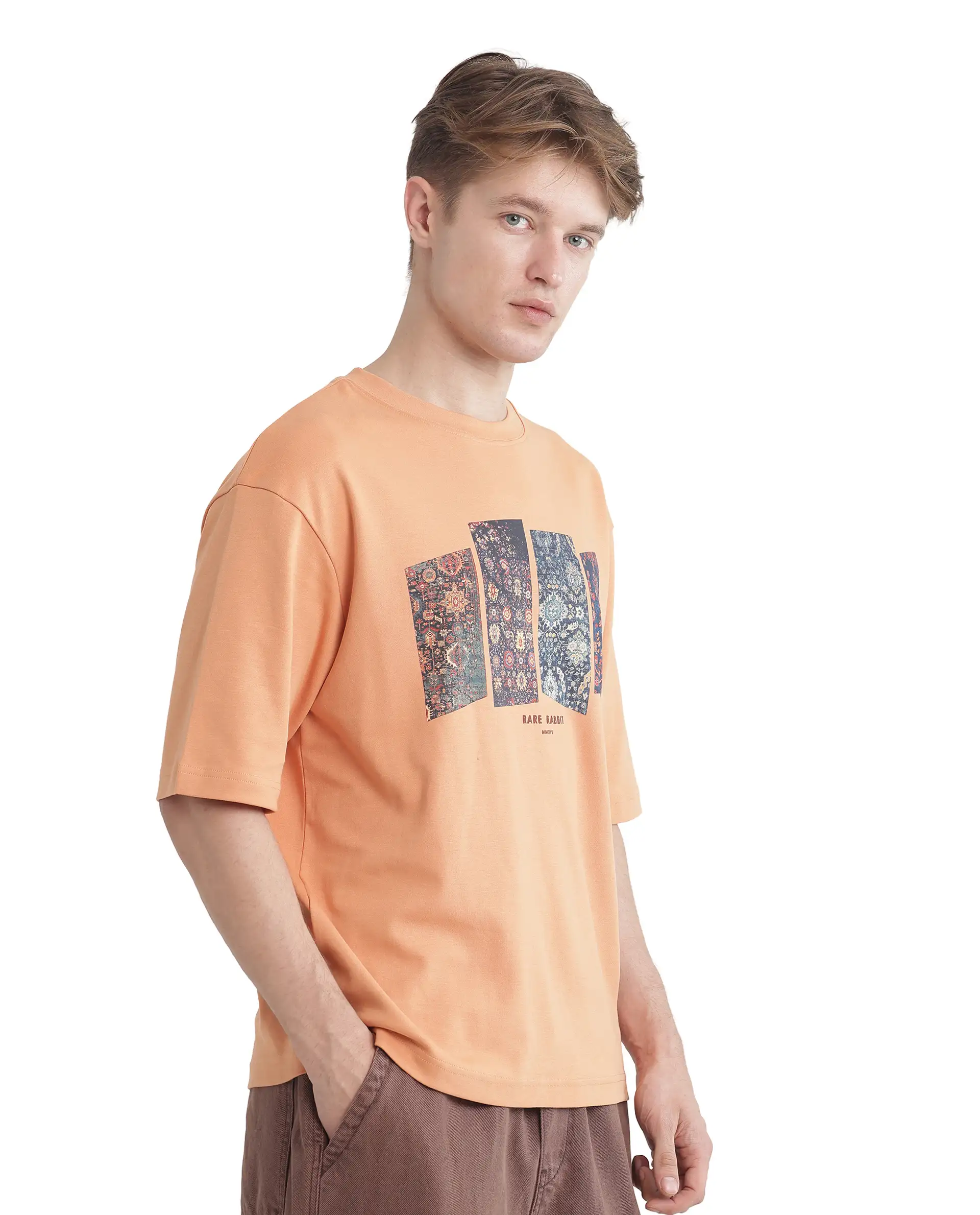 Rare Rabbit Men's Lino Dark Orange Cotton Graphic Print Qlo Fit Half Sleeve Crew Neck T-Shirt - Image 6