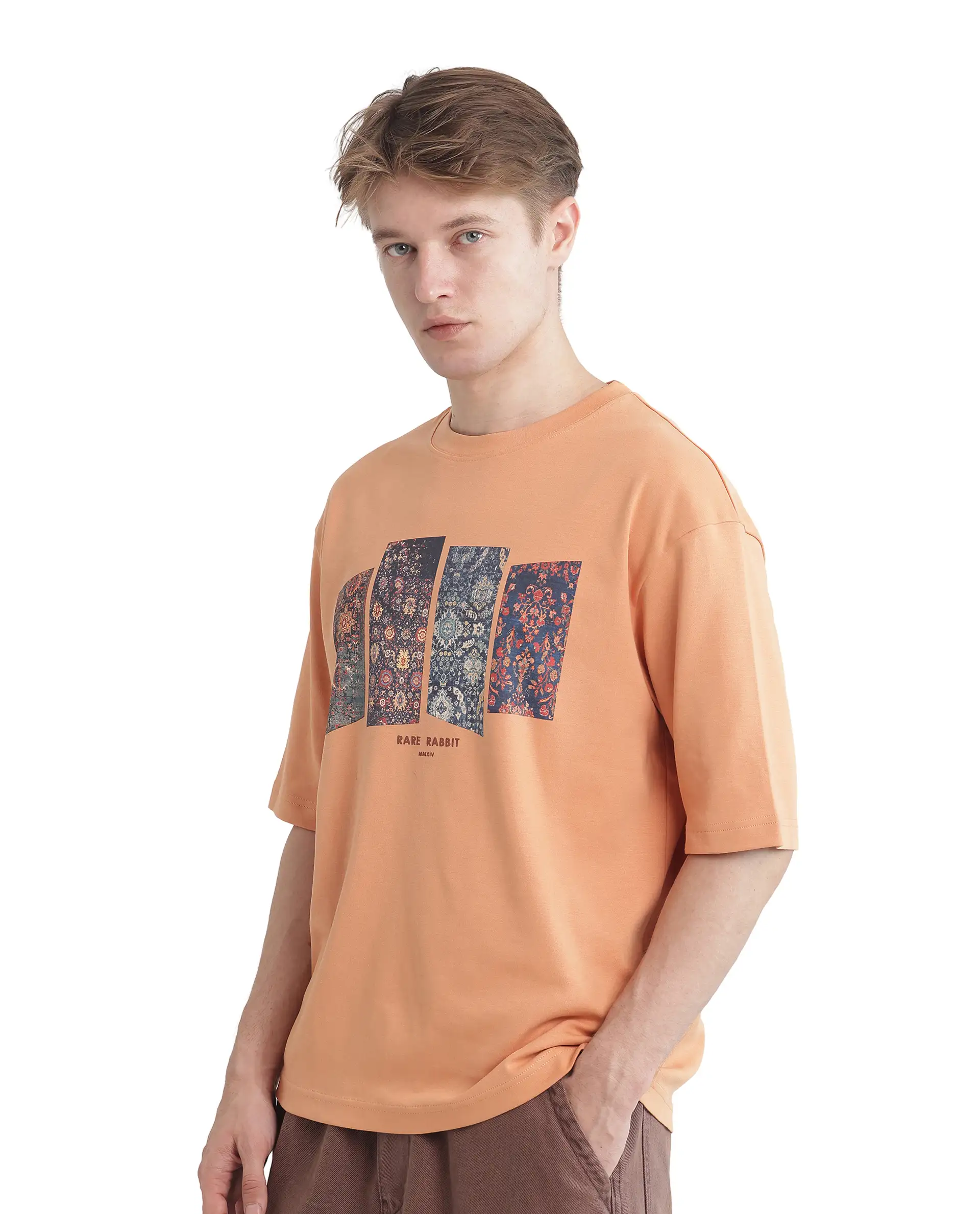 Rare Rabbit Men's Lino Dark Orange Cotton Graphic Print Qlo Fit Half Sleeve Crew Neck T-Shirt - Image 7