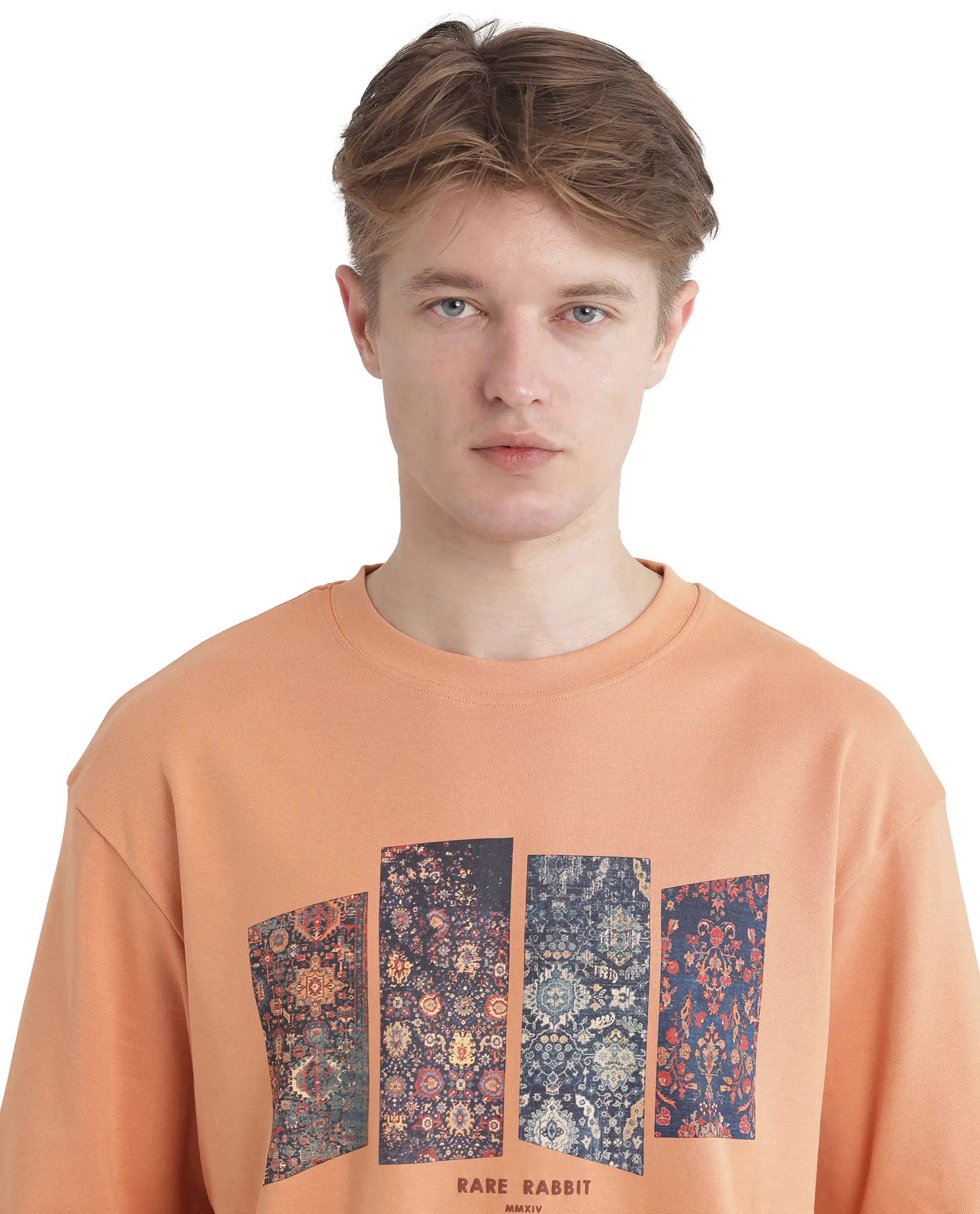 Rare Rabbit Men's Lino Dark Orange Cotton Graphic Print Qlo Fit Half Sleeve Crew Neck T-Shirt - Image 8
