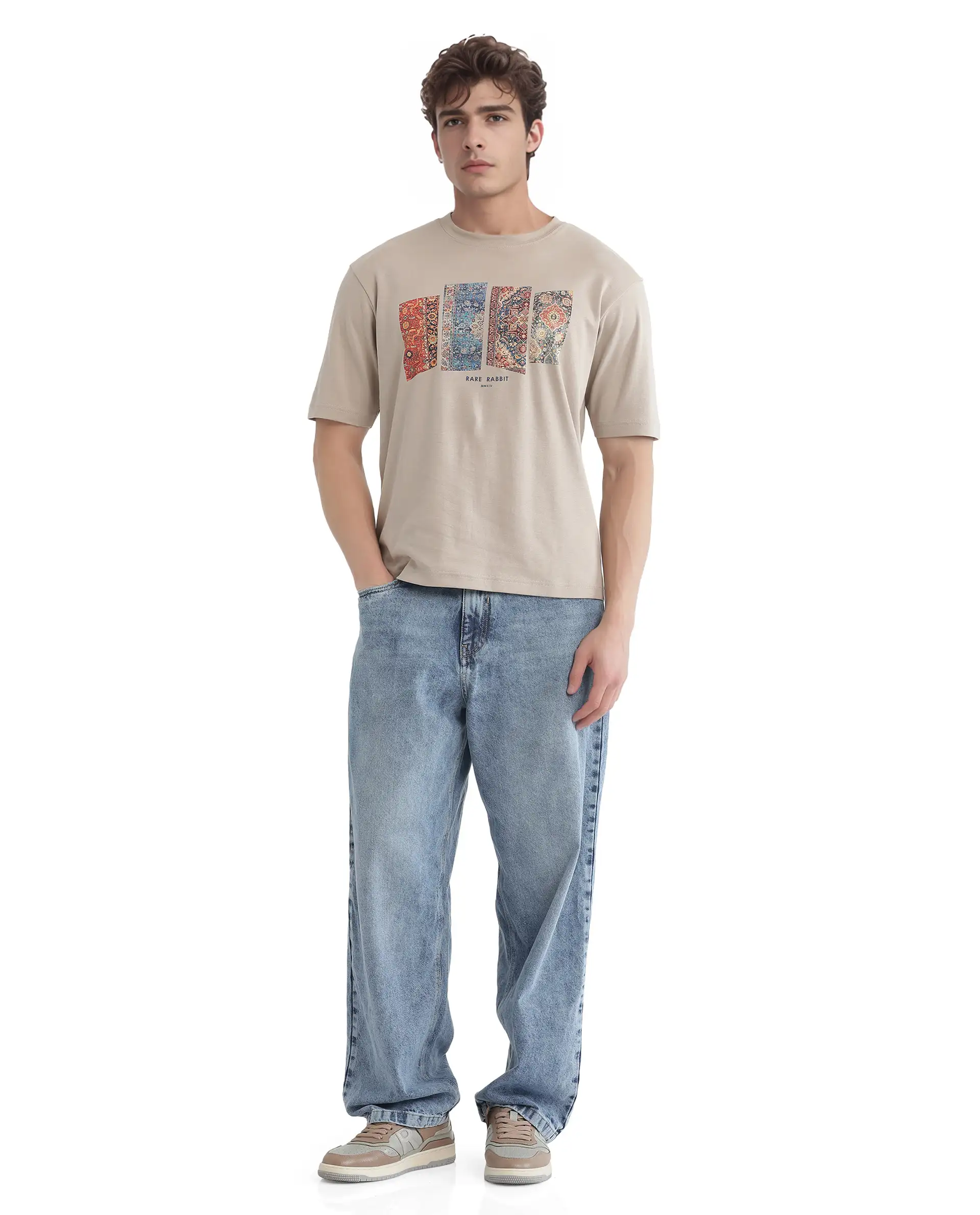 Rare Rabbit Men's Lino Dusky Beige Cotton Graphic Print Qlo Fit Half Sleeve Crew Neck T-Shirt - Image 2
