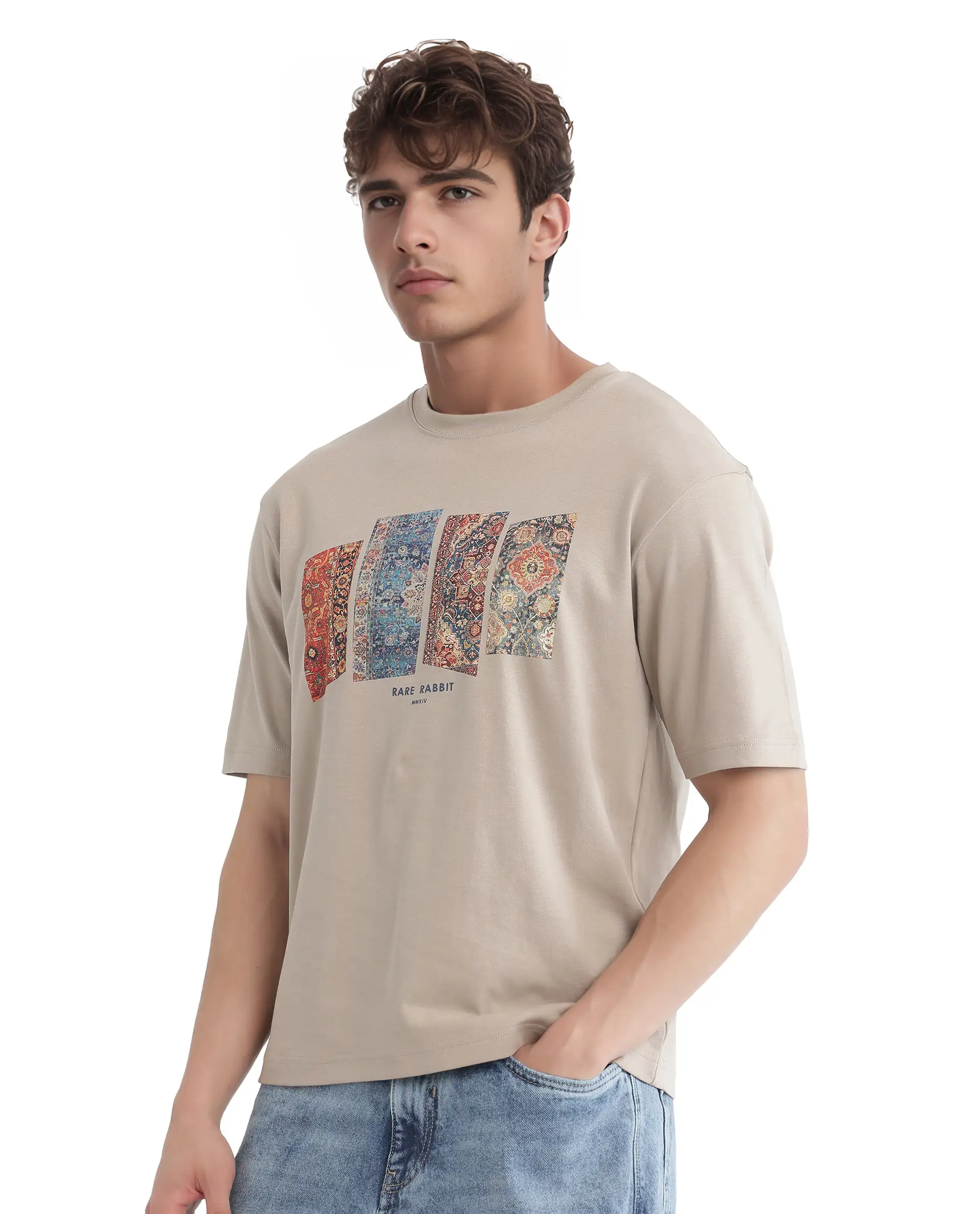Rare Rabbit Men's Lino Dusky Beige Cotton Graphic Print Qlo Fit Half Sleeve Crew Neck T-Shirt - Image 3
