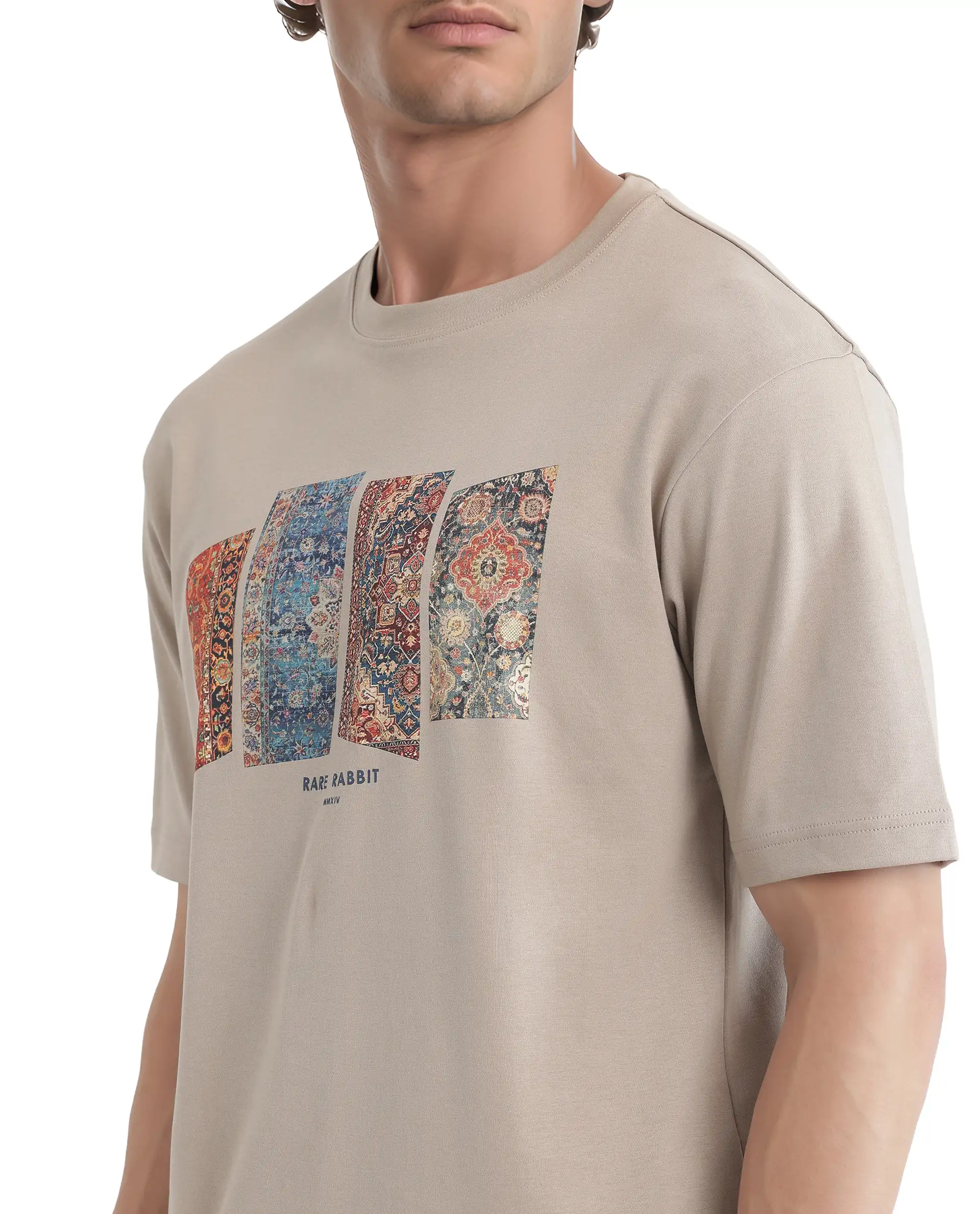 Rare Rabbit Men's Lino Dusky Beige Cotton Graphic Print Qlo Fit Half Sleeve Crew Neck T-Shirt - Image 4