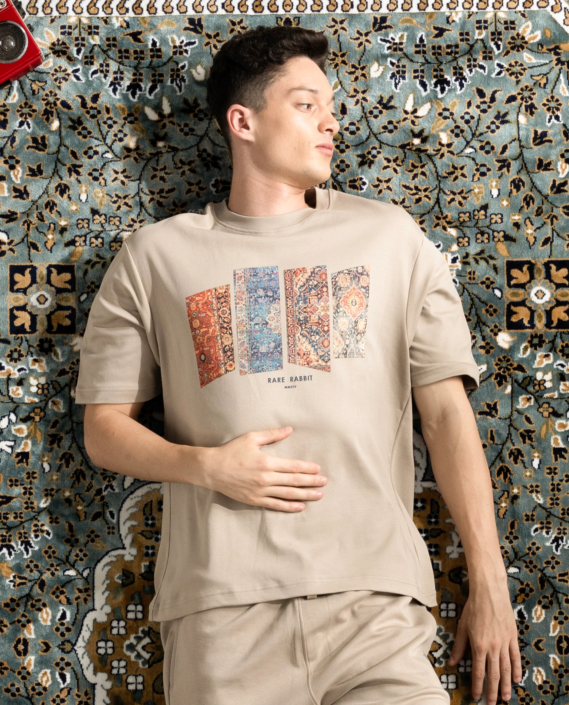 Rare Rabbit Men's Lino Dusky Beige Cotton Graphic Print Qlo Fit Half Sleeve Crew Neck T-Shirt - Image 5